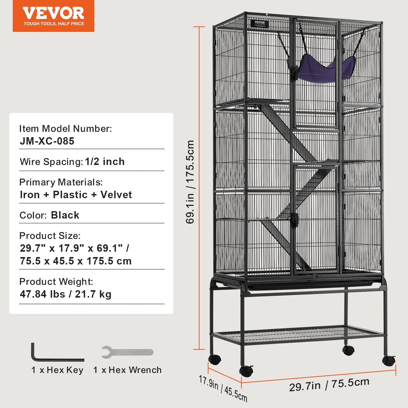 69" Metal Small Animal Cage 4-Tier Rolling Ferret Cage with Tray 3 Ramps V952-JSXDL301869I2SROXV0