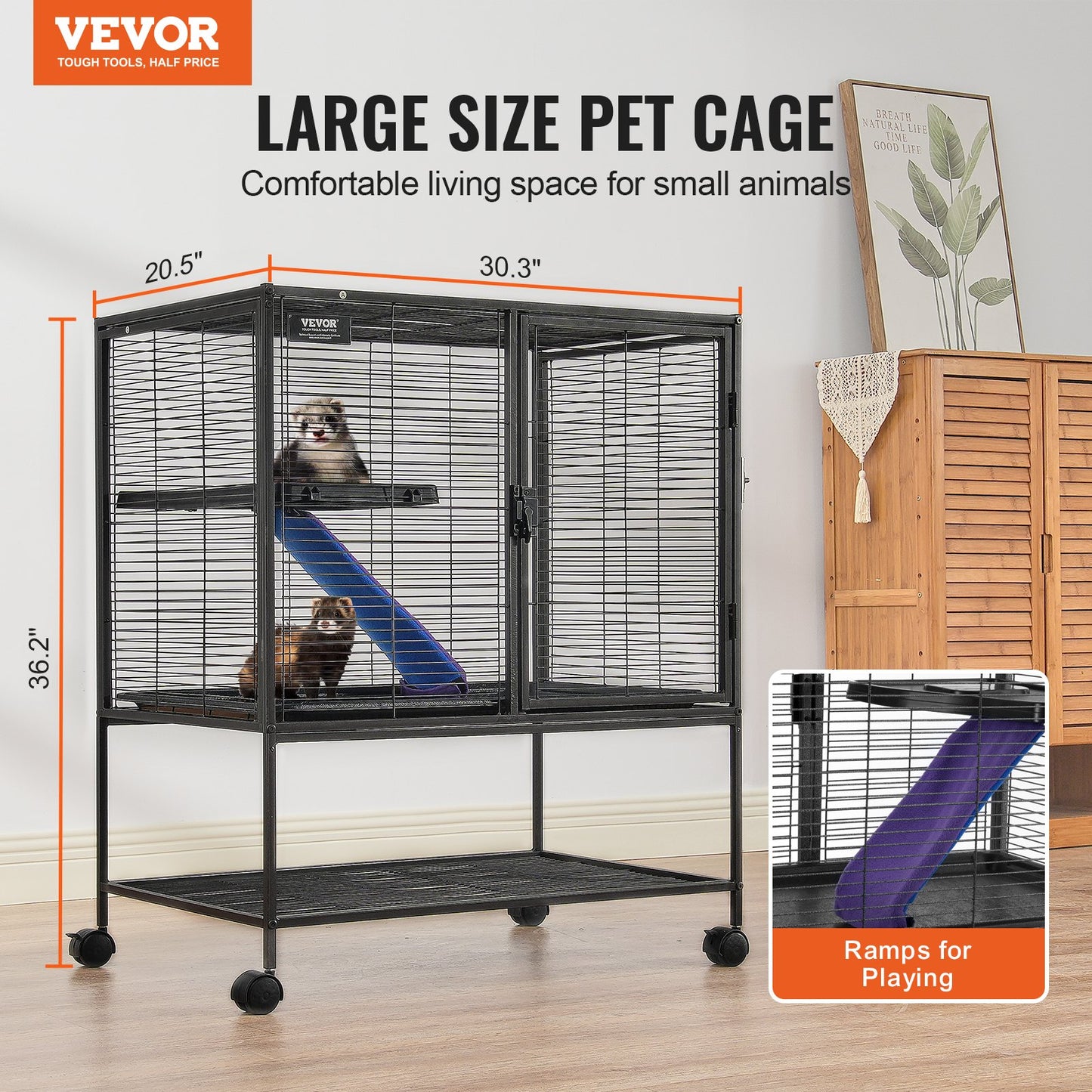 36" Metal Small Animal Cage 2-Tier Rolling Ferret Cage with Tray A Ramp V952-JSXDL322233IWSCUUV0