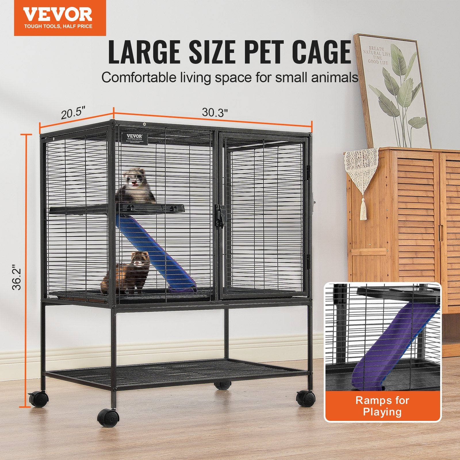 36" Metal Small Animal Cage 2-Tier Rolling Ferret Cage with Tray A Ramp V952-JSXDL322233IWSCUUV0