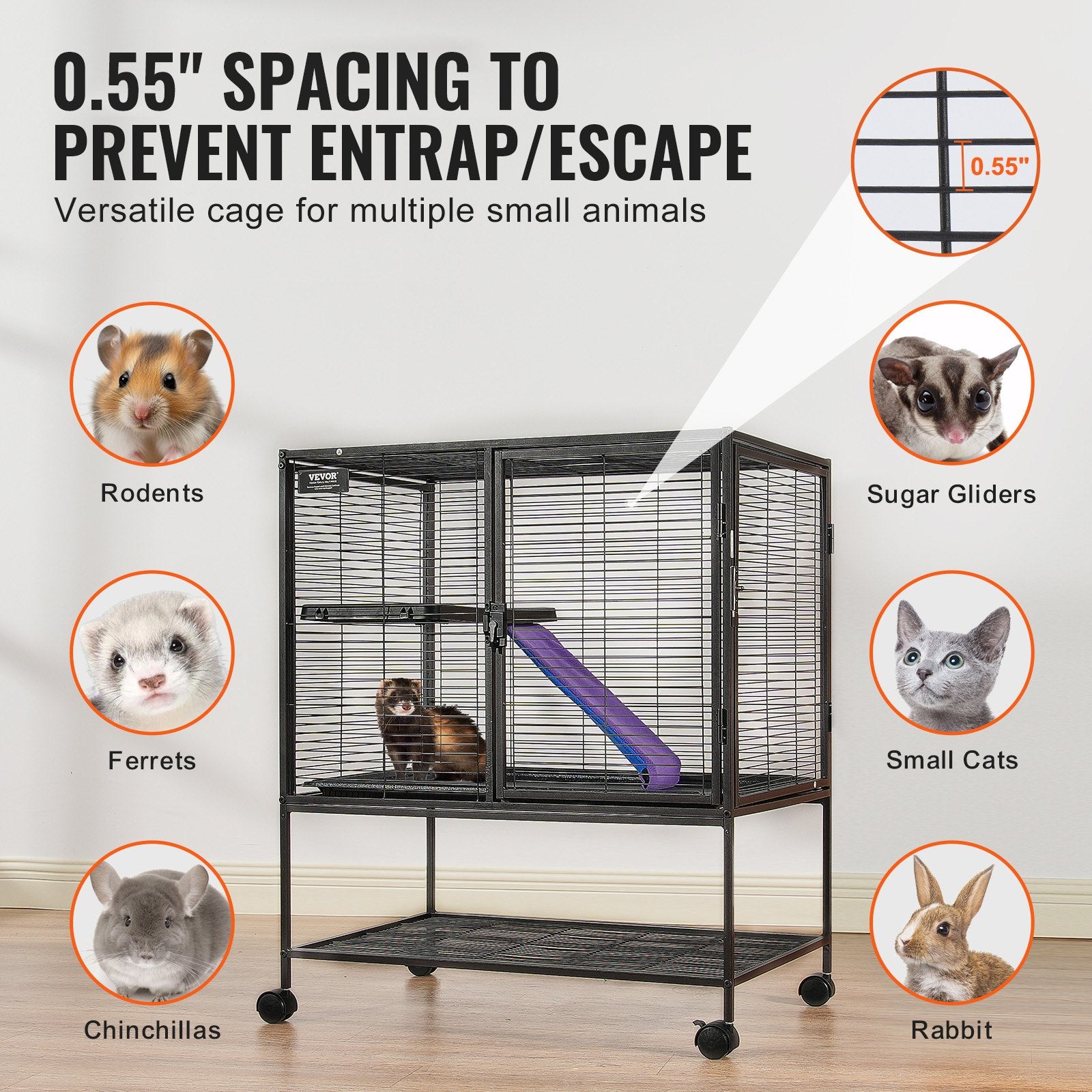 36" Metal Small Animal Cage 2-Tier Rolling Ferret Cage with Tray A Ramp V952-JSXDL322233IWSCUUV0