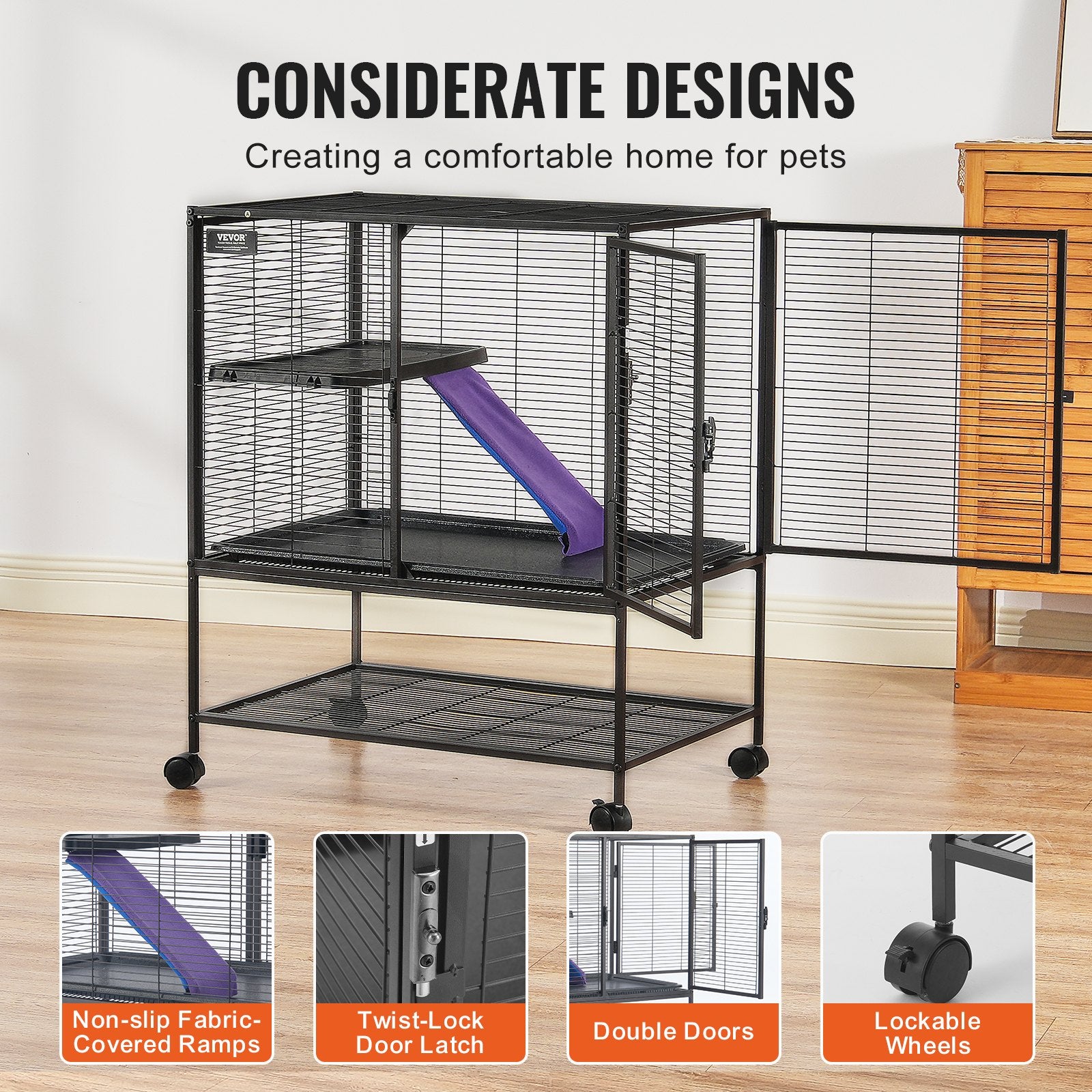36" Metal Small Animal Cage 2-Tier Rolling Ferret Cage with Tray A Ramp V952-JSXDL322233IWSCUUV0