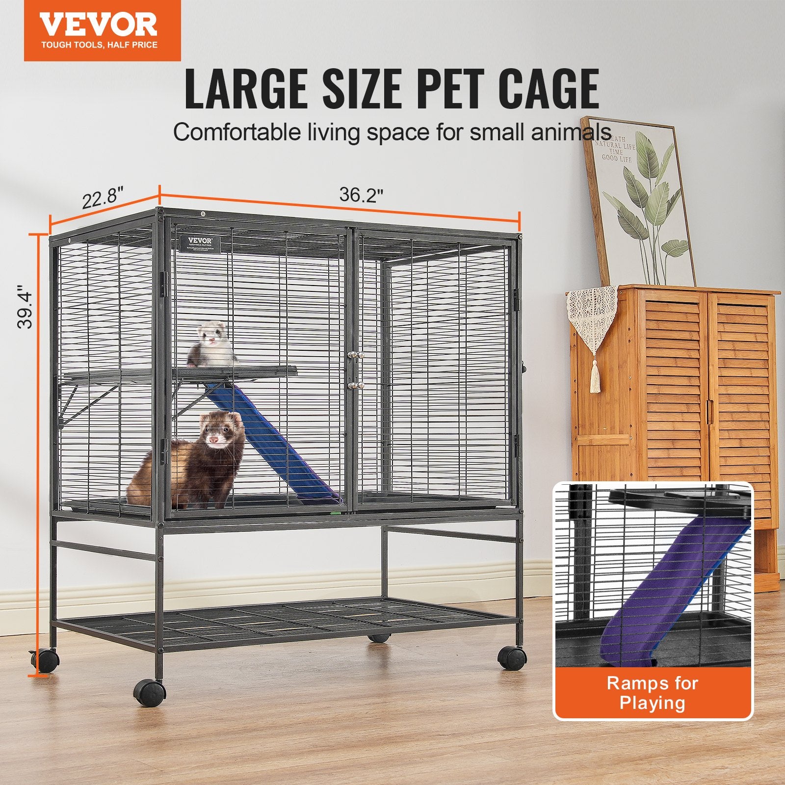 39" Metal Small Animal Cage 2-Tier Rolling Ferret Cage with Tray A Ramp V952-JSXDL362439IF6COGV0