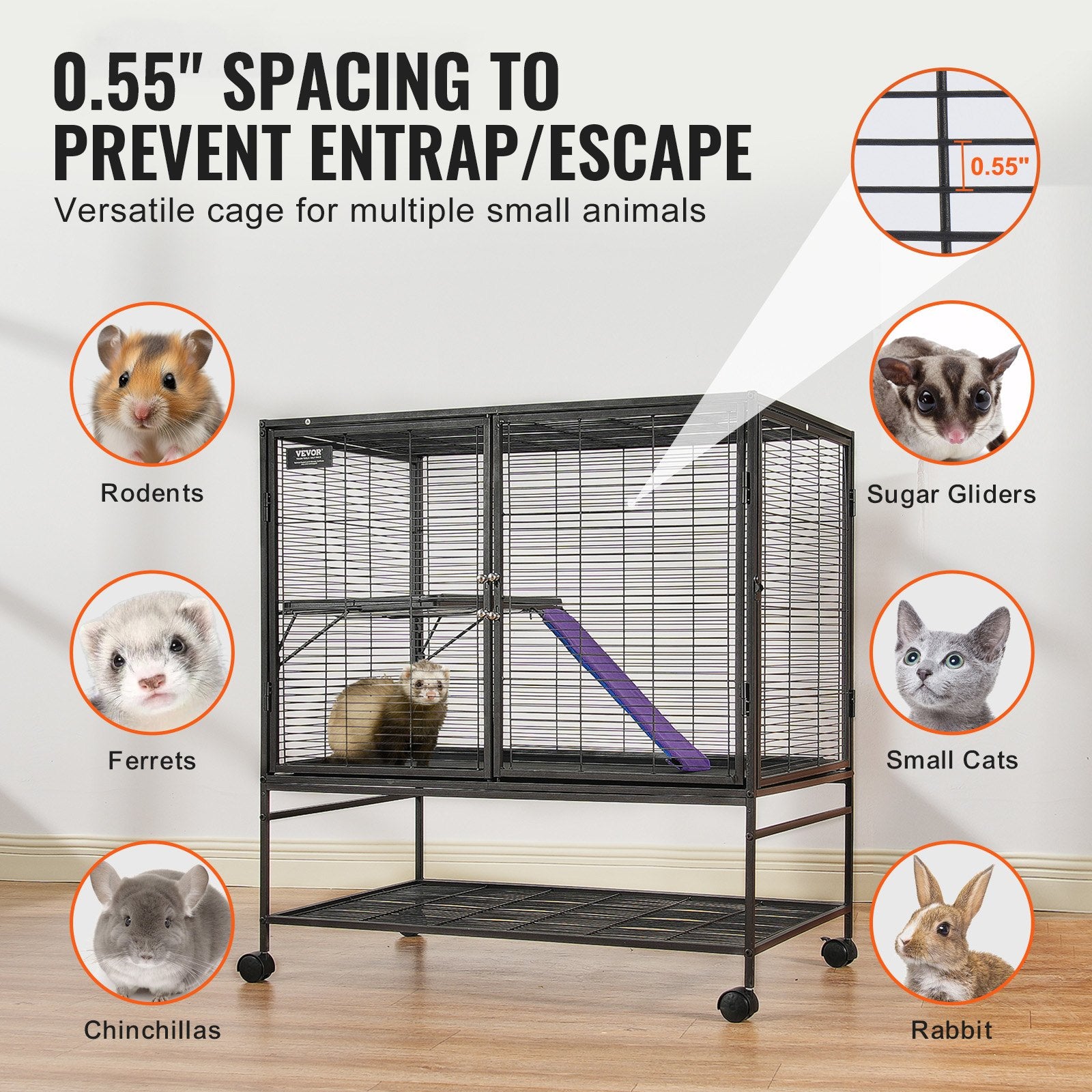 39" Metal Small Animal Cage 2-Tier Rolling Ferret Cage with Tray A Ramp V952-JSXDL362439IF6COGV0