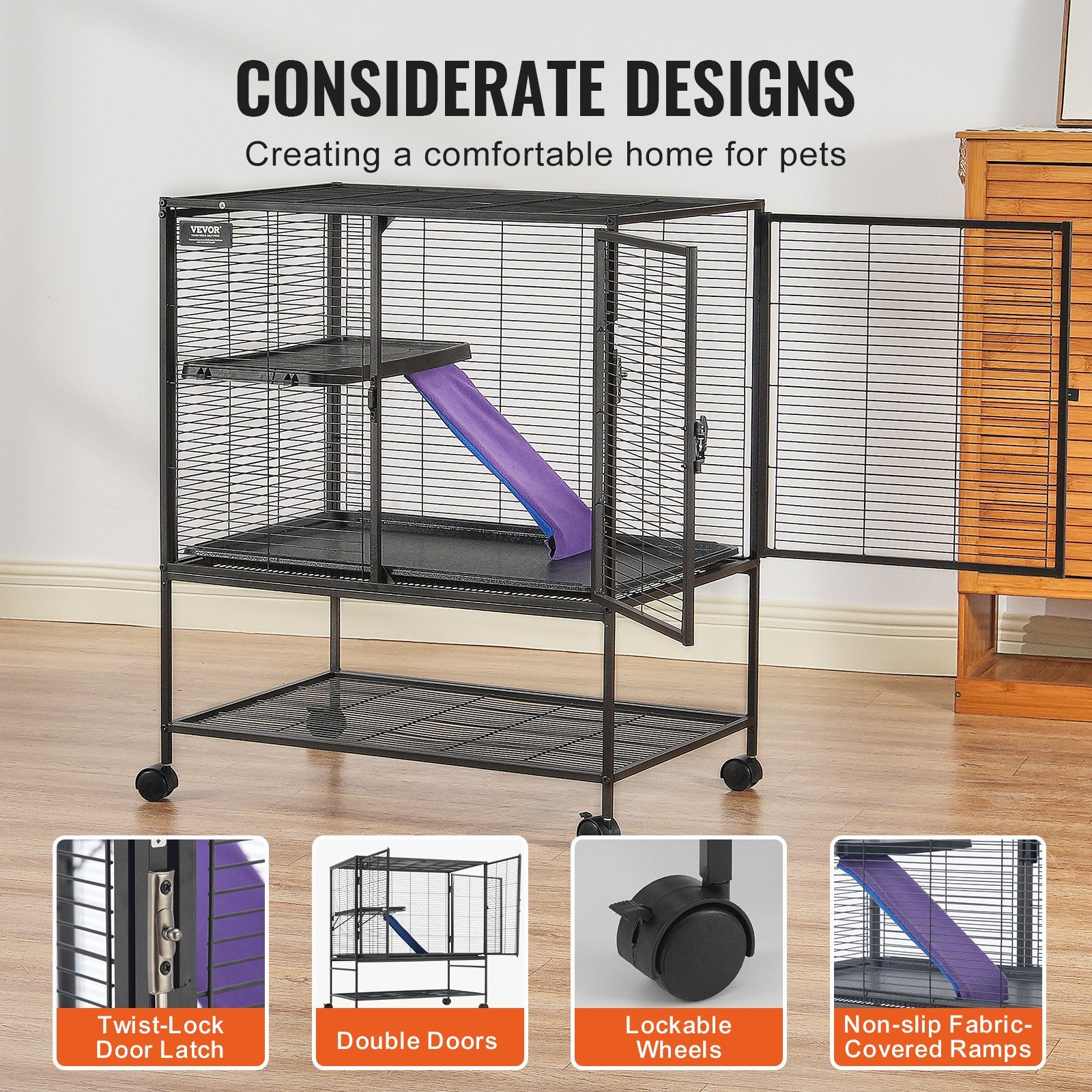 39" Metal Small Animal Cage 2-Tier Rolling Ferret Cage with Tray A Ramp V952-JSXDL362439IF6COGV0