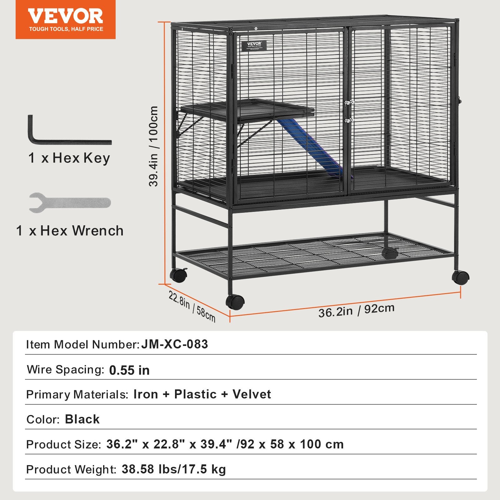 39" Metal Small Animal Cage 2-Tier Rolling Ferret Cage with Tray A Ramp V952-JSXDL362439IF6COGV0