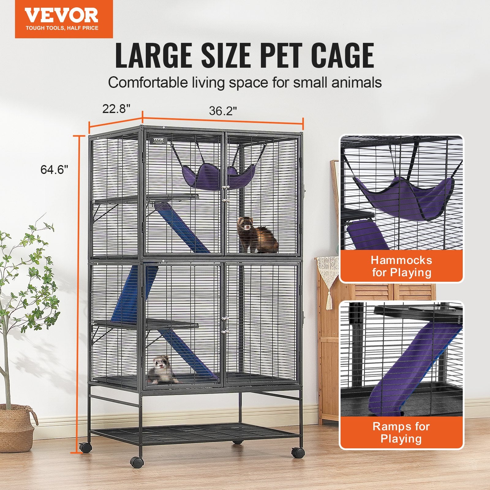 64.6" Metal Small Animal Cage 4-Tier Rolling Ferret Cage with Tray 3 Ramps V952-JSXDL362463IRPIZQV0
