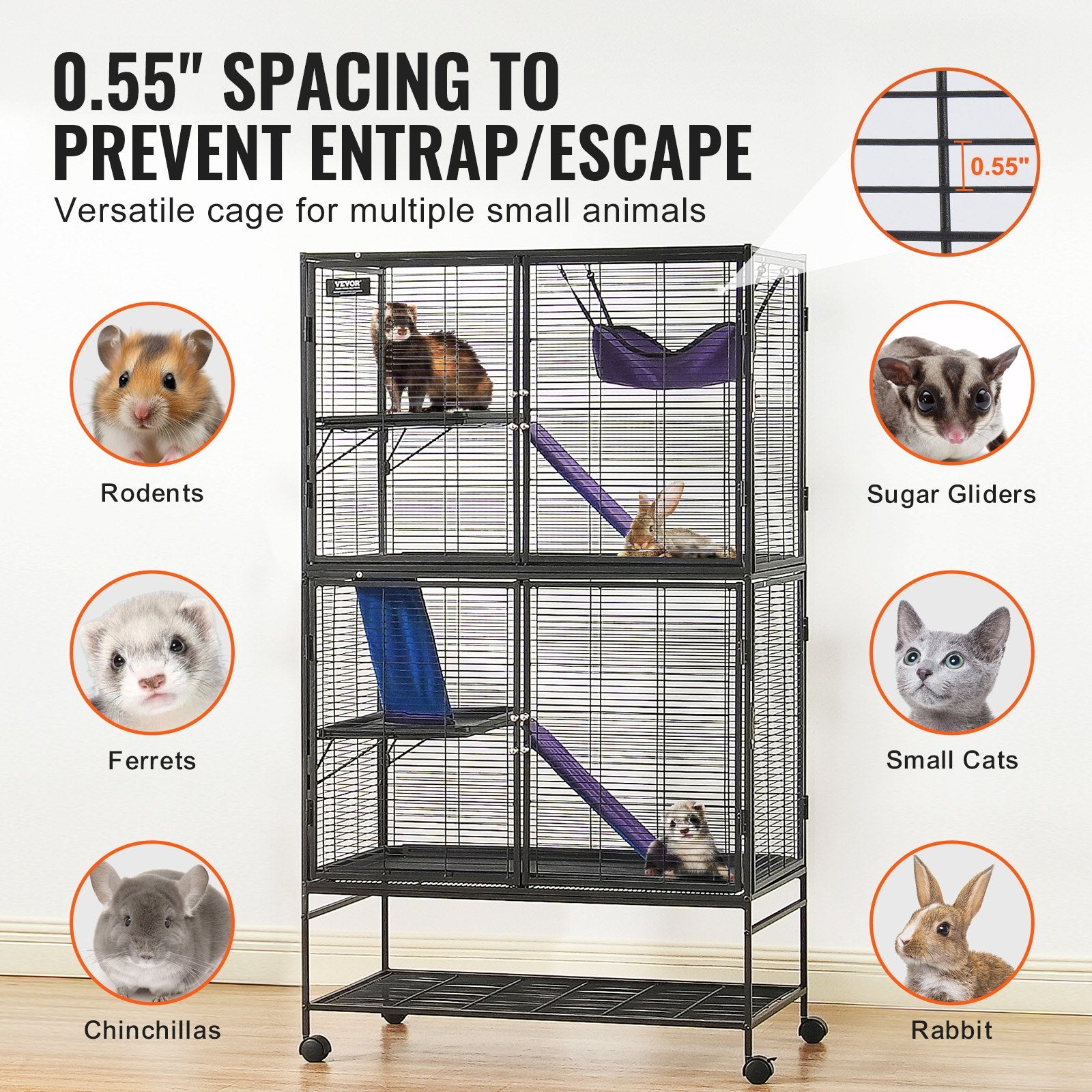 64.6" Metal Small Animal Cage 4-Tier Rolling Ferret Cage with Tray 3 Ramps V952-JSXDL362463IRPIZQV0