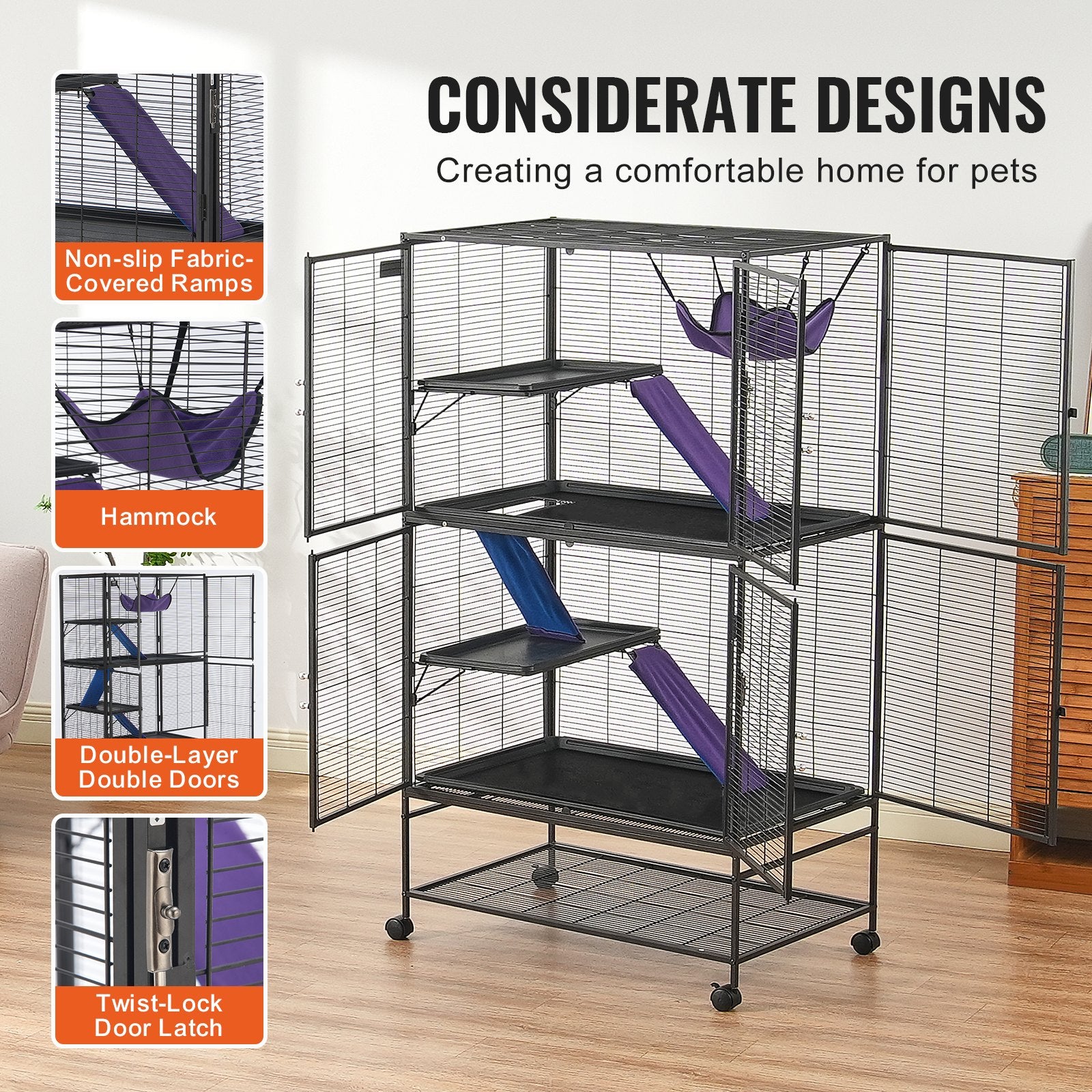 64.6" Metal Small Animal Cage 4-Tier Rolling Ferret Cage with Tray 3 Ramps V952-JSXDL362463IRPIZQV0