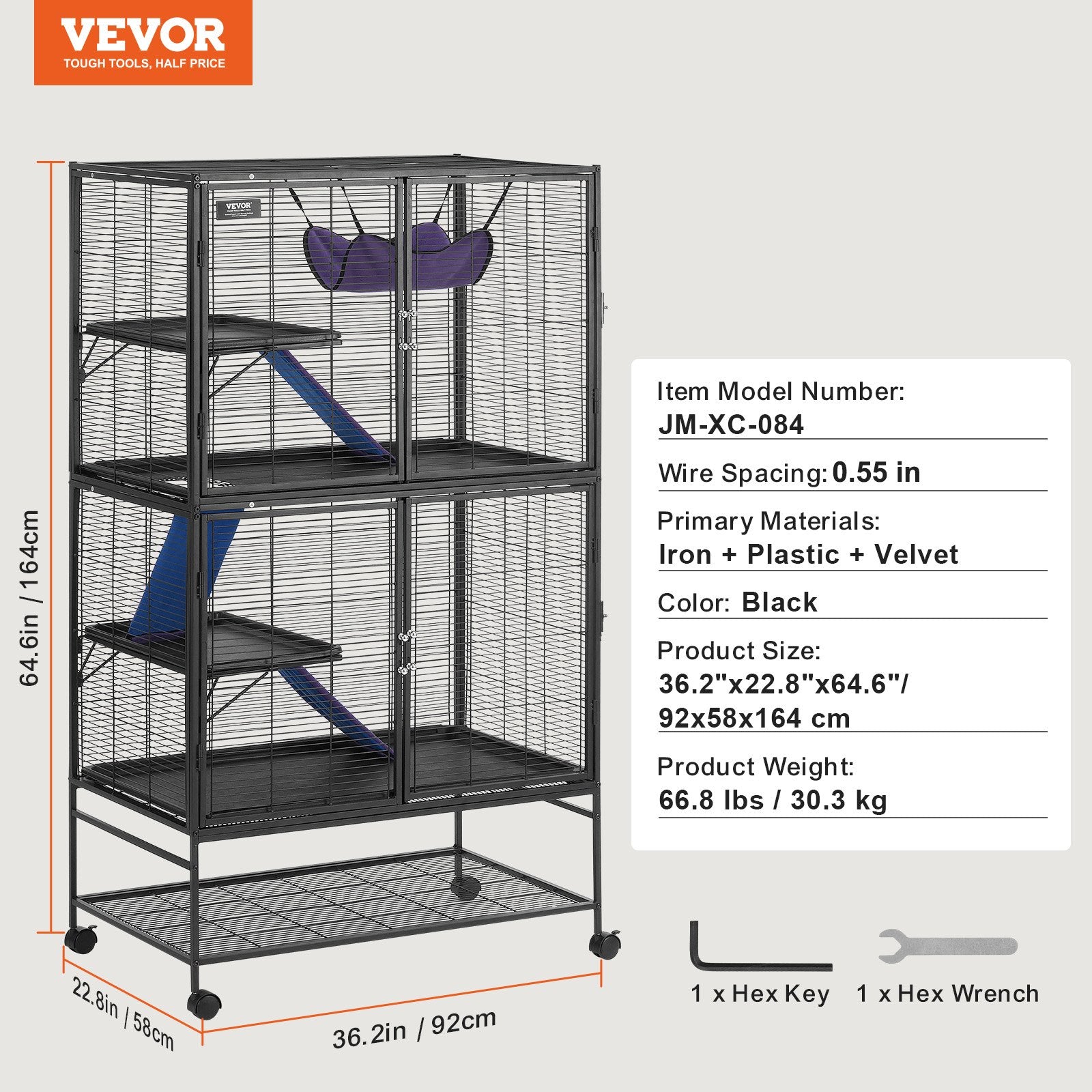 64.6" Metal Small Animal Cage 4-Tier Rolling Ferret Cage with Tray 3 Ramps V952-JSXDL362463IRPIZQV0