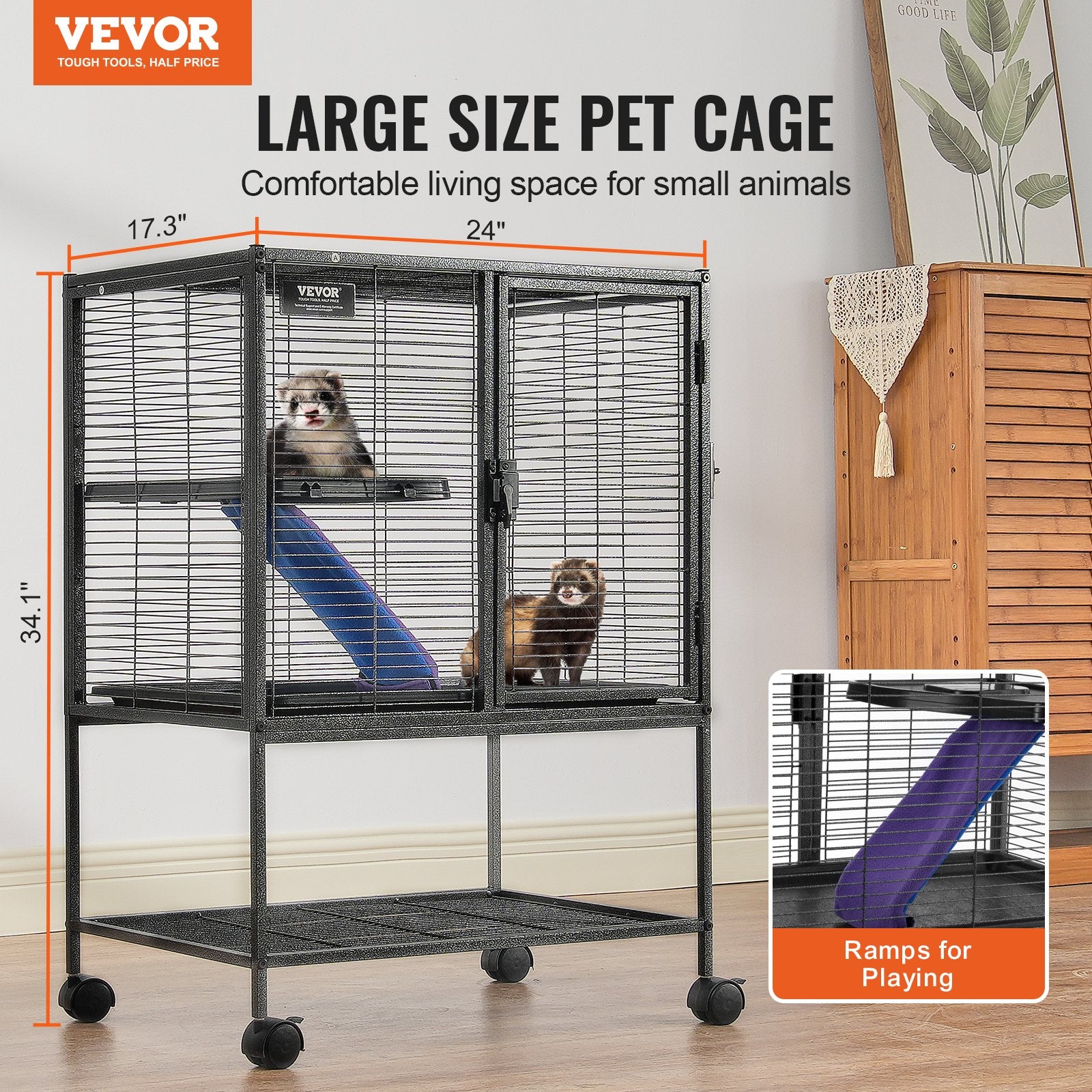 34" Metal Small Animal Cage 2-Tier Rolling Ferret Cage with Tray A Ramp V952-JSXDLJS24173EGCSNV0