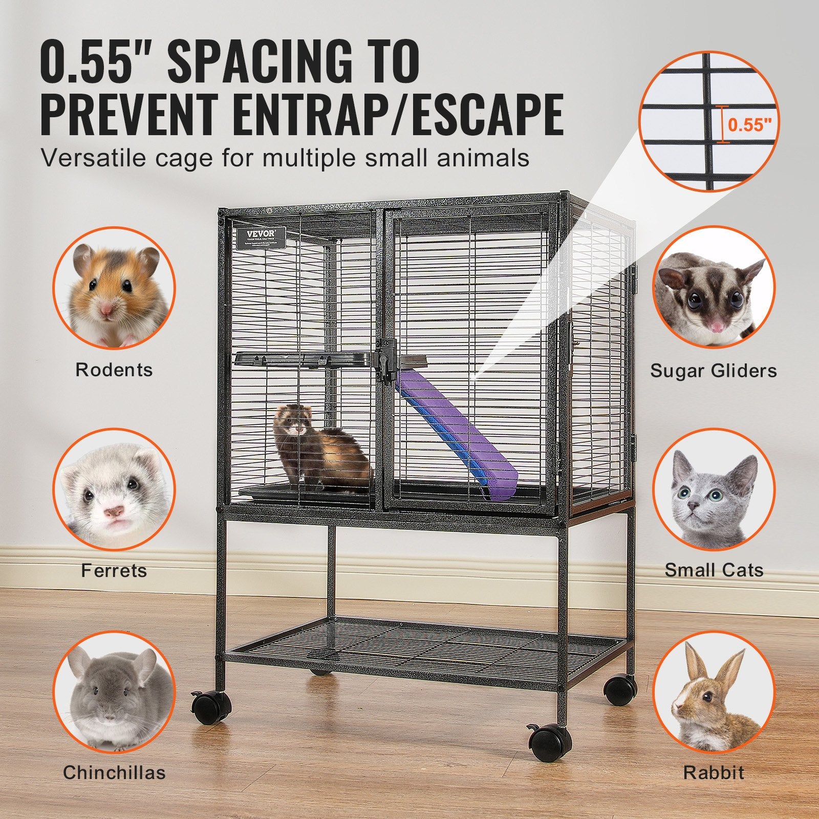 34" Metal Small Animal Cage 2-Tier Rolling Ferret Cage with Tray A Ramp V952-JSXDLJS24173EGCSNV0