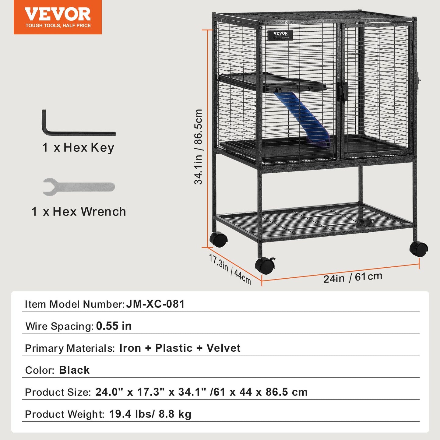 34" Metal Small Animal Cage 2-Tier Rolling Ferret Cage with Tray A Ramp V952-JSXDLJS24173EGCSNV0