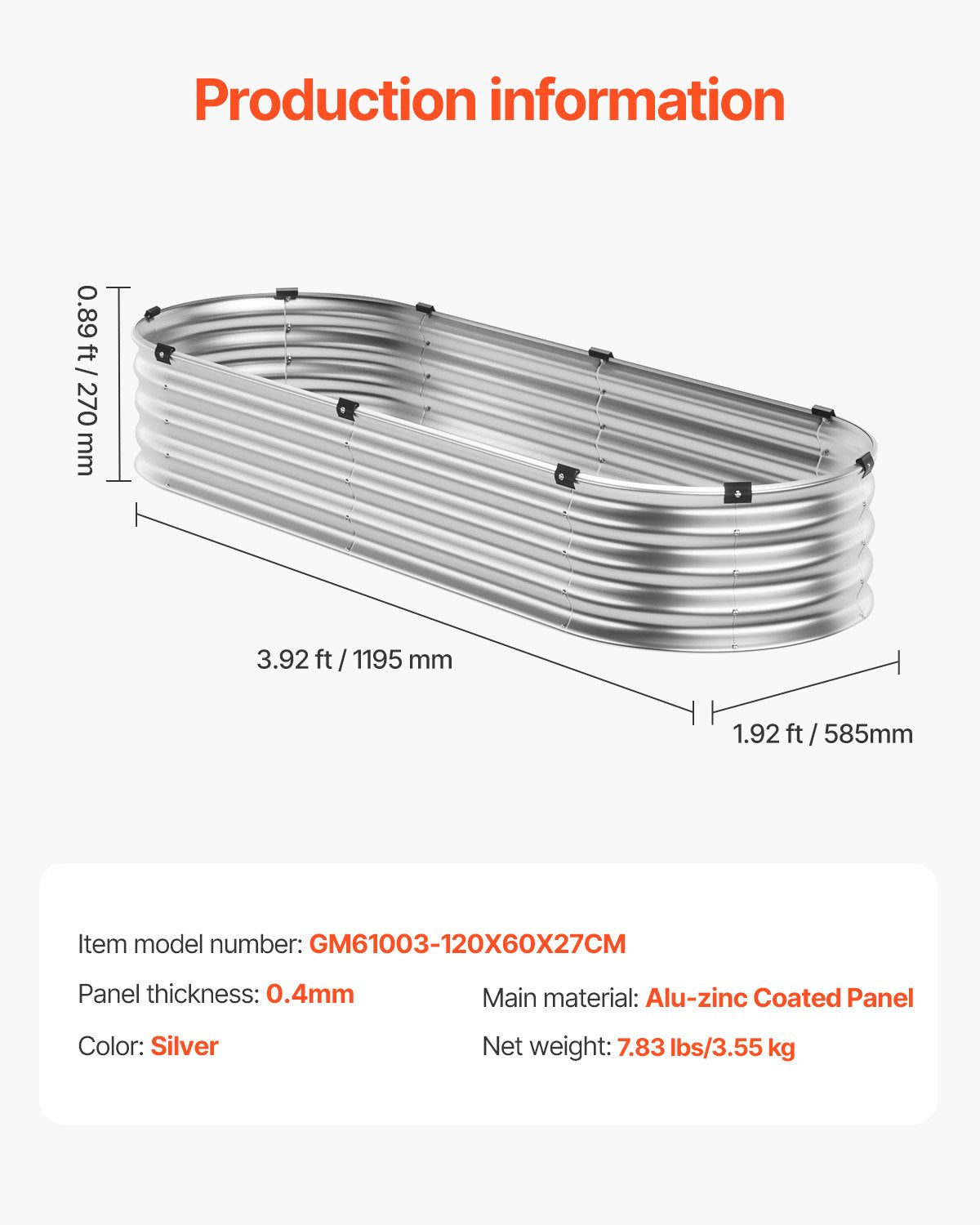 Metal Raised Garden Bed 4x2x1 ft Outdoor Galvanized Planter Box Silver V952-JSYHZZC421FT2BQAHV0