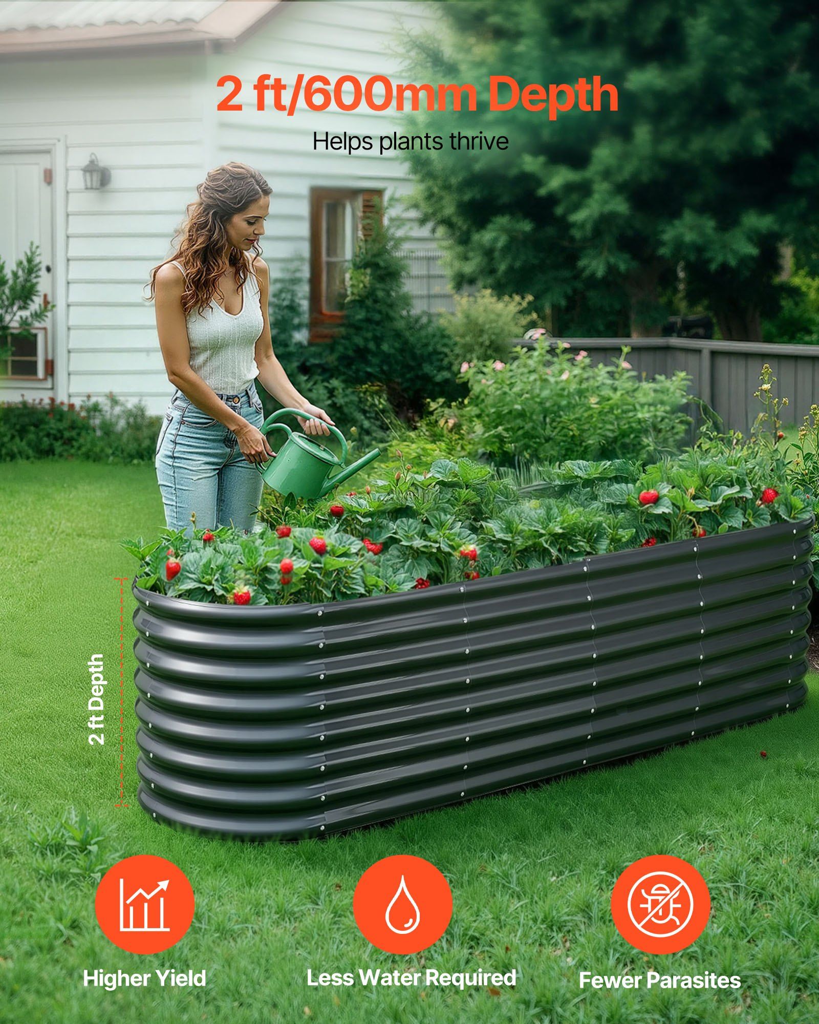 Metal Raised Garden Bed, 2.4 x 0.6 x 0.6 m Oval Outdoor Galvanized Planter Garden Box, Open Bottom Design, V952-JSYHZZCTYXSH1MOSL002V0