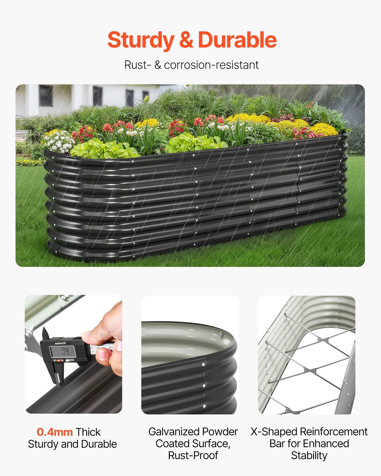Metal Raised Garden Bed, 2.4 x 0.6 x 0.6 m Oval Outdoor Galvanized Planter Garden Box, Open Bottom Design, V952-JSYHZZCTYXSH1MOSL002V0