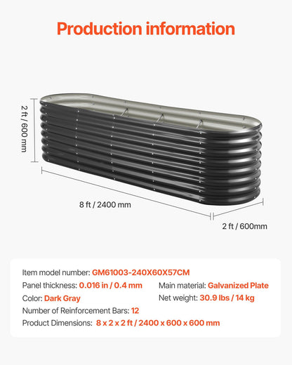 Metal Raised Garden Bed, 2.4 x 0.6 x 0.6 m Oval Outdoor Galvanized Planter Garden Box, Open Bottom Design, V952-JSYHZZCTYXSH1MOSL002V0