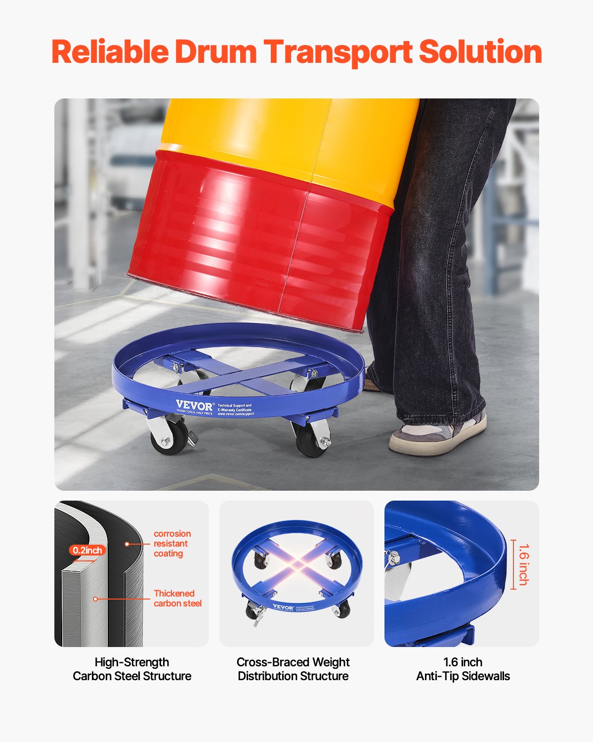 55 Gallon Drum Dolly 2000 lbs Barrel Dolly Cart Drum Caddy 4 Caster Wheels V952-JSYTTCTG55JLFCM9TV0
