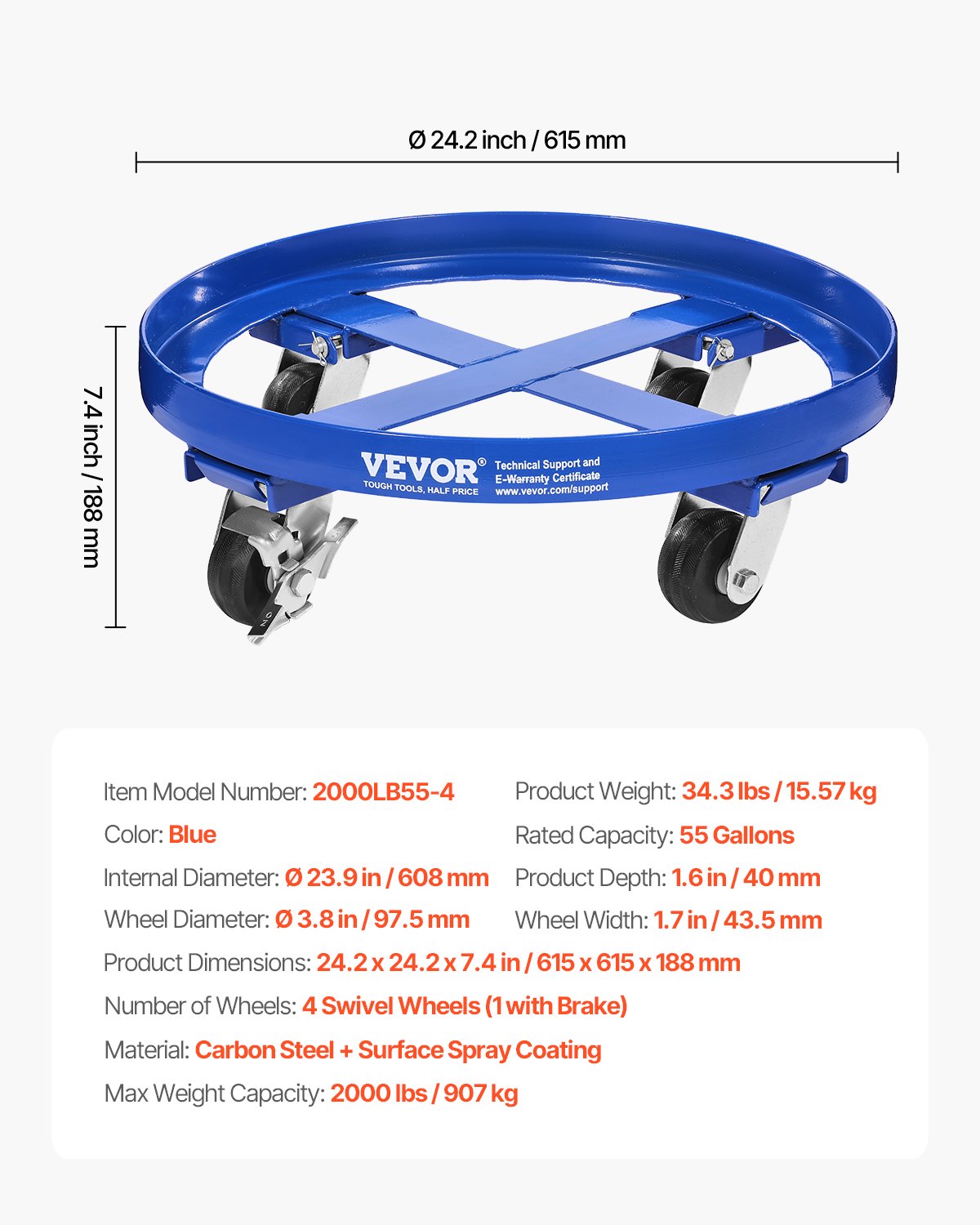 55 Gallon Drum Dolly 2000 lbs Barrel Dolly Cart Drum Caddy 4 Caster Wheels V952-JSYTTCTG55JLFCM9TV0