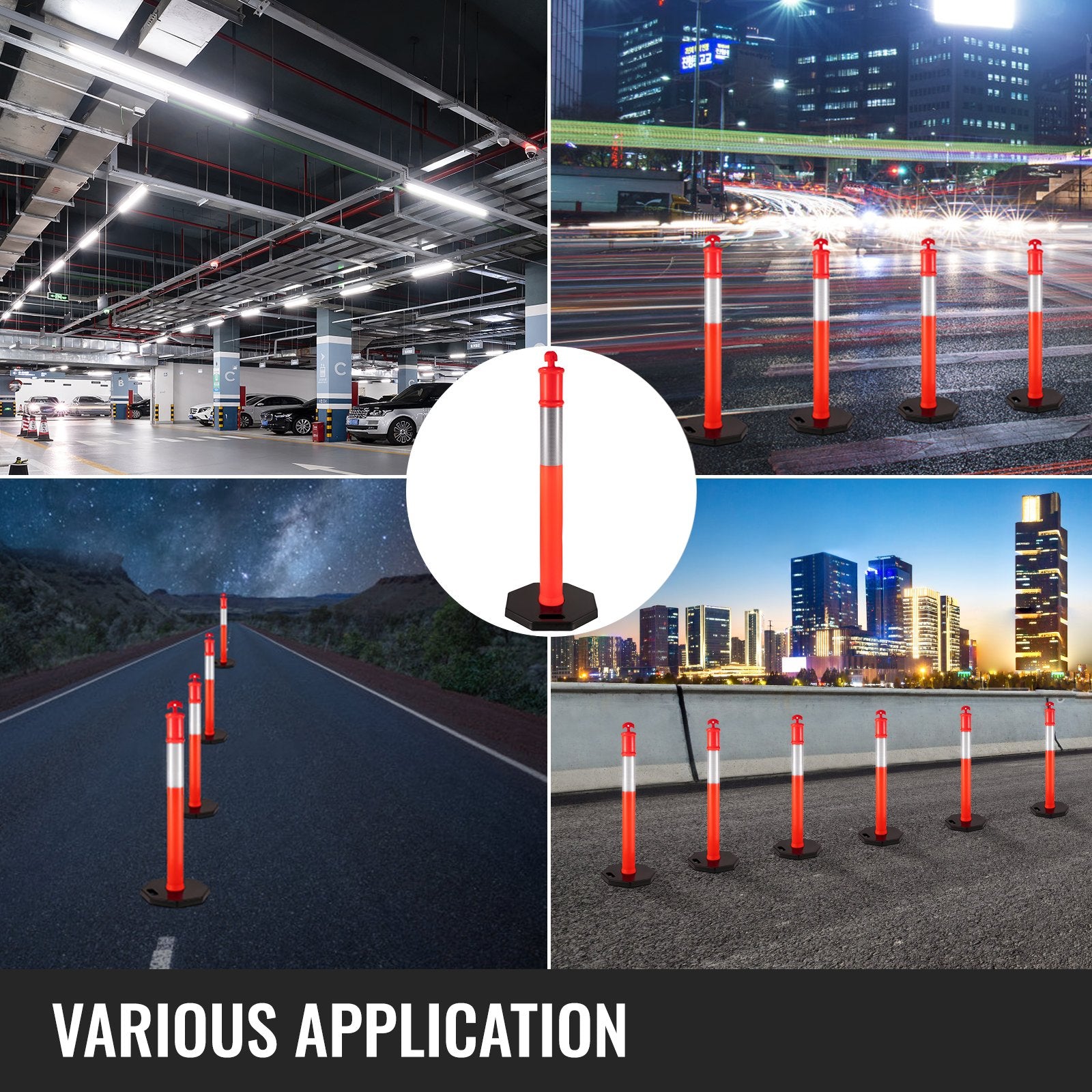 6Pack Traffic Delineator Posts 44 Inch Height, PE Delineator Cones Post Kit 10 inch Reflective Band, V952-JSZ6PTXJSZZH00001V0