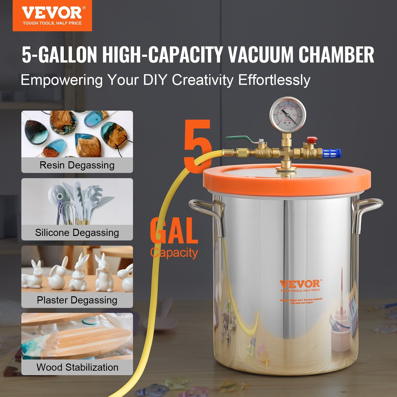 5 Gallon Vacuum Chamber, Upgraded Tempered Glass Lid Vacuum Degassing Chamber, 304 Stainless Steel Chamber, V952-JSZKTJS5GALLH3CGUV0