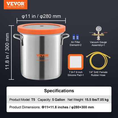 5 Gallon Vacuum Chamber, Upgraded Tempered Glass Lid Vacuum Degassing Chamber, 304 Stainless Steel Chamber, V952-JSZKTJS5GALLH3CGUV0