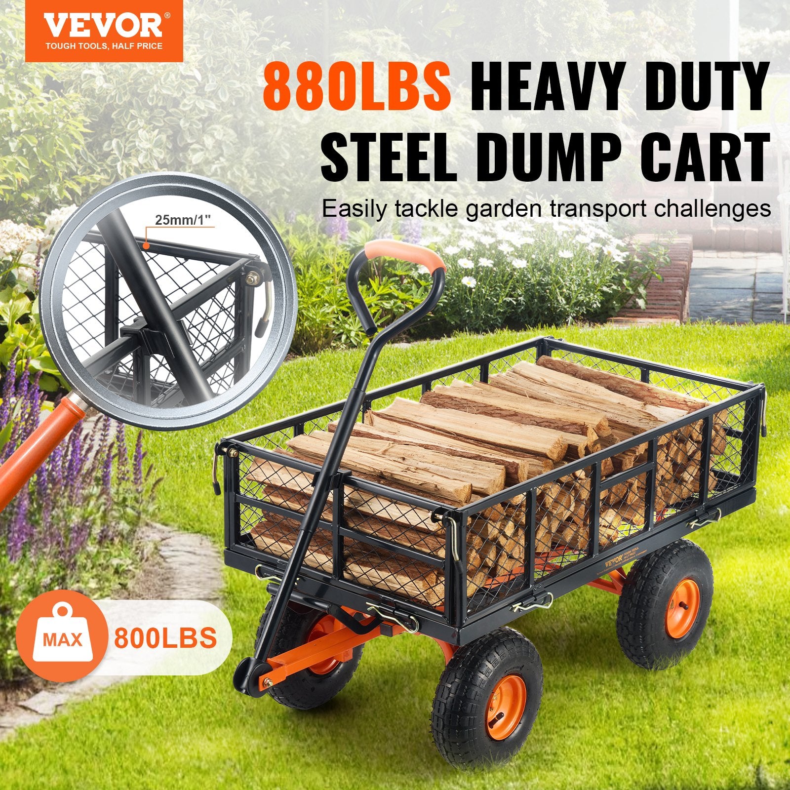 Dump Cart, Metal Garden Dump Cart with Easy to Assemble Frame, Dump Wagon with 2-in-1 Convertible Handle, V952-JSZXTC880LBSPVWN9V0