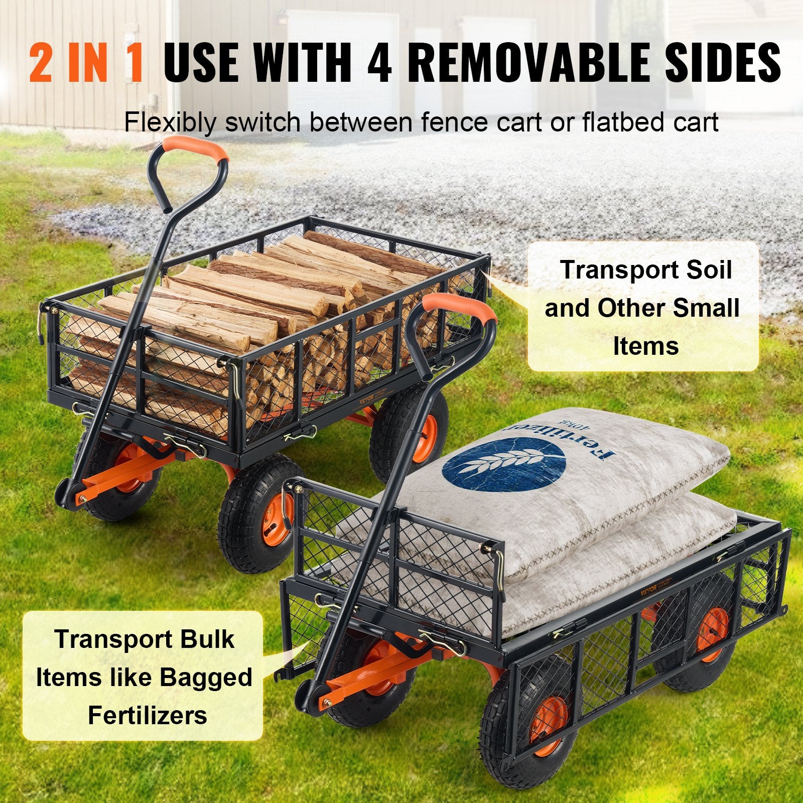 Dump Cart, Metal Garden Dump Cart with Easy to Assemble Frame, Dump Wagon with 2-in-1 Convertible Handle, V952-JSZXTC880LBSPVWN9V0