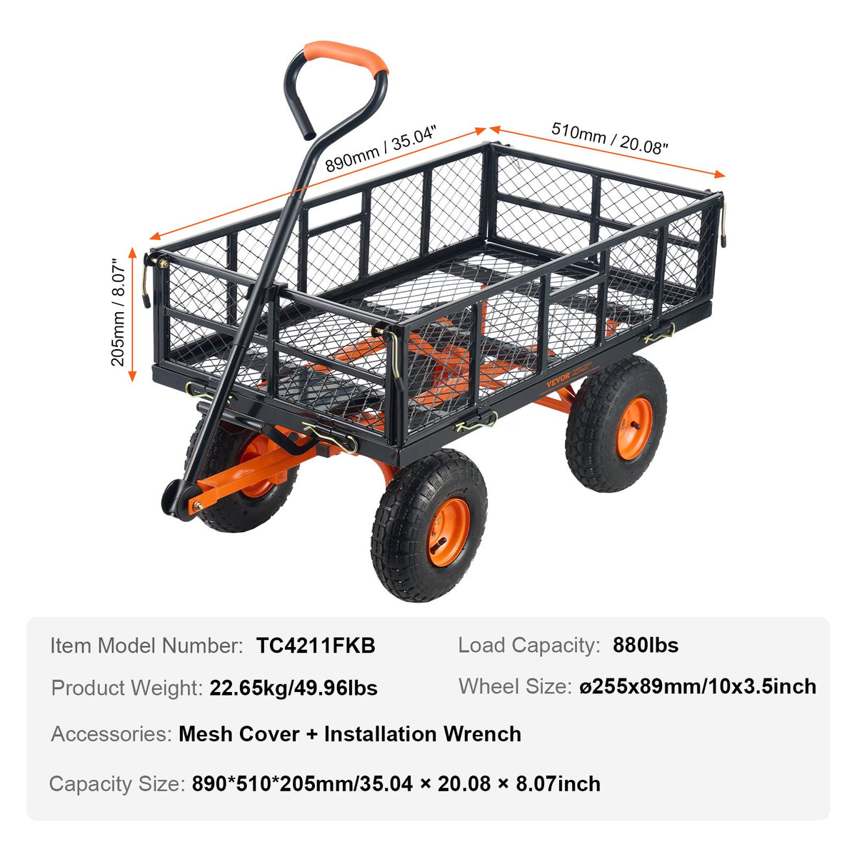 Dump Cart, Metal Garden Dump Cart with Easy to Assemble Frame, Dump Wagon with 2-in-1 Convertible Handle, V952-JSZXTC880LBSPVWN9V0