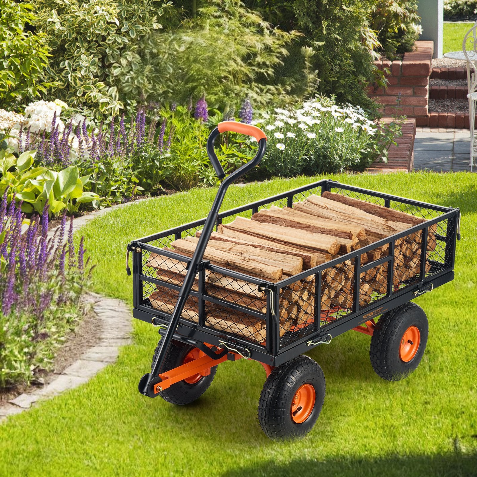 Dump Cart, Metal Garden Dump Cart with Easy to Assemble Frame, Dump Wagon with 2-in-1 Convertible Handle, V952-JSZXTC880LBSPVWN9V0