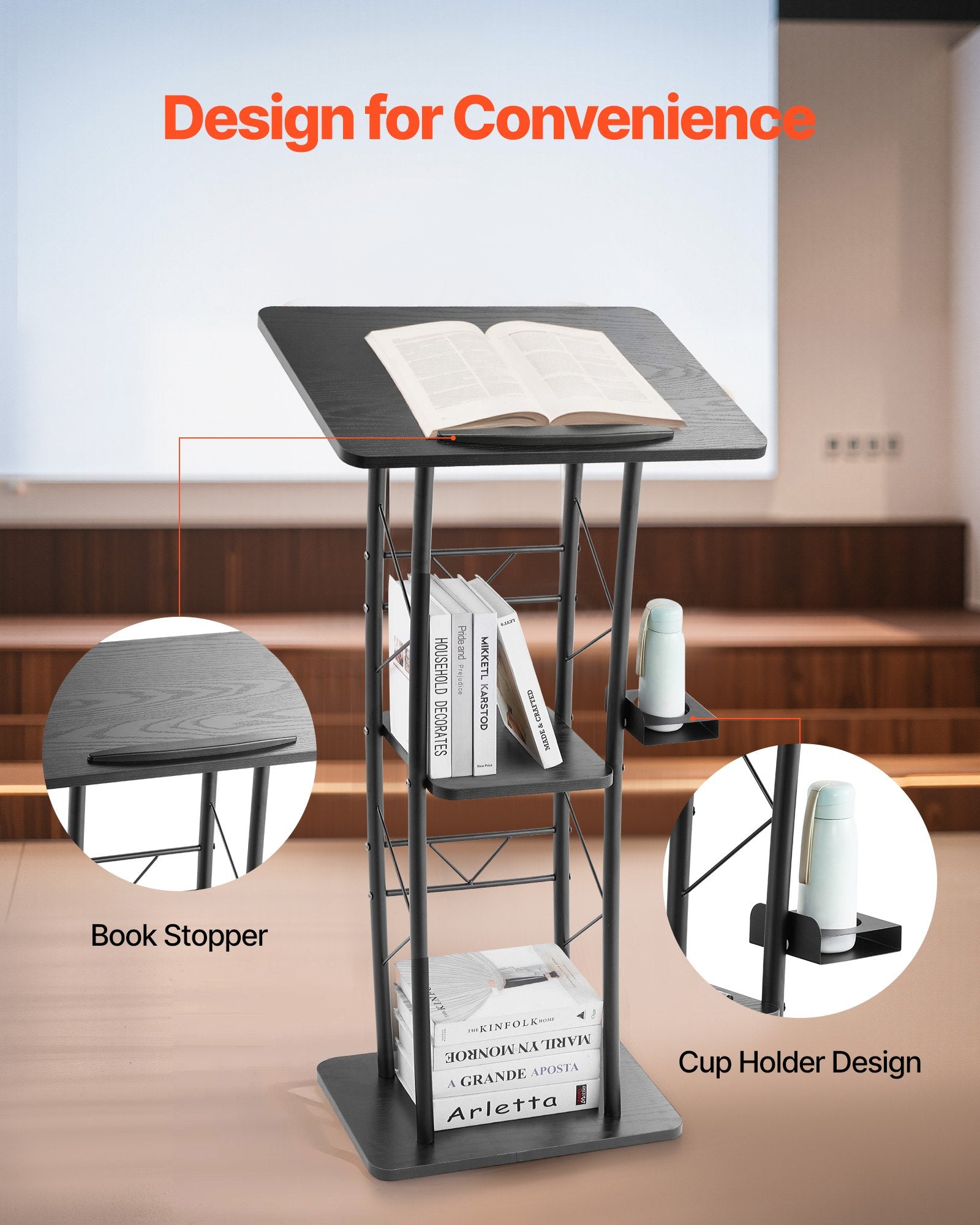 Podium Stand, 1180 mm Metal Lectern, Curved Standing Podium with Wide Reading Surface, Open Storage V952-JT1CGKJS47INZX1A5001V0