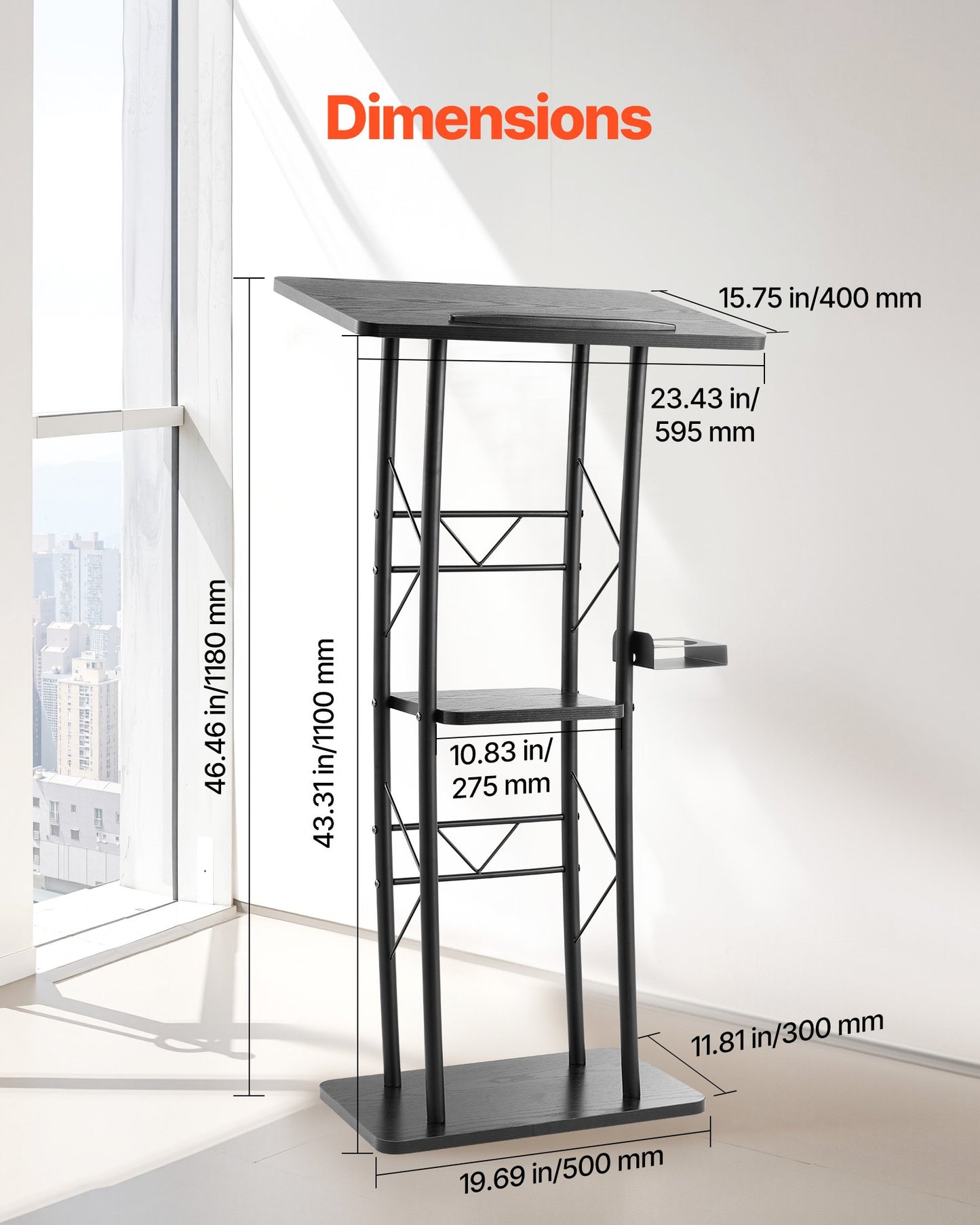 Podium Stand, 1180 mm Metal Lectern, Curved Standing Podium with Wide Reading Surface, Open Storage V952-JT1CGKJS47INZX1A5001V0