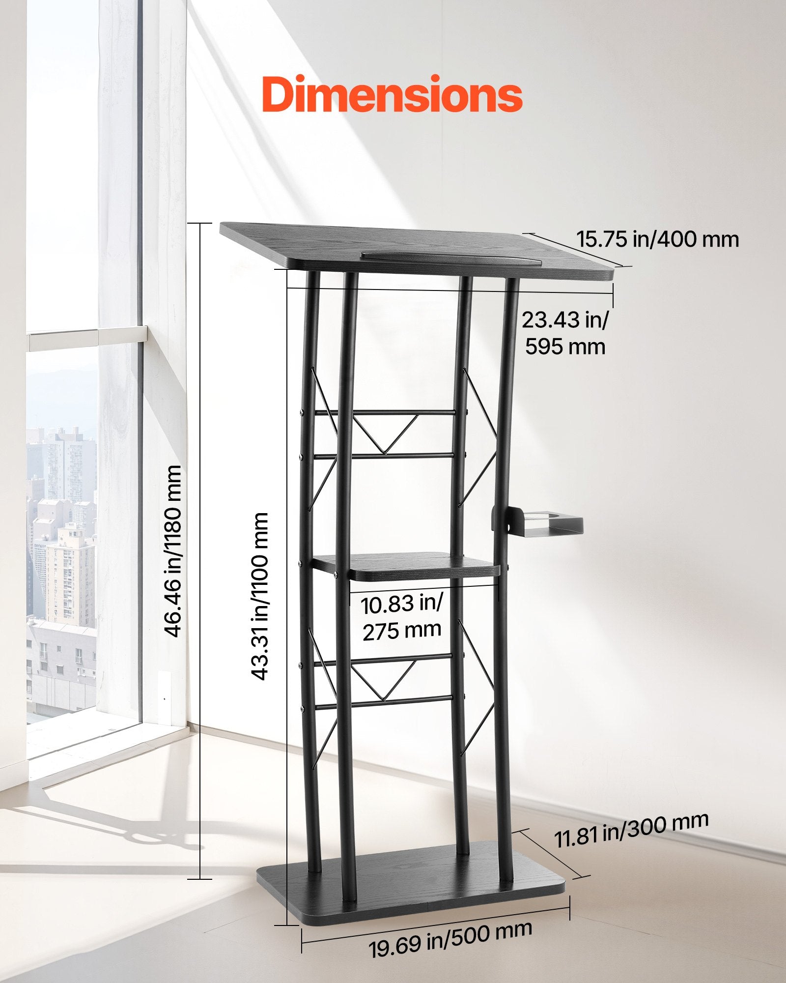Podium Stand, 1180 mm Metal Lectern, Curved Standing Podium with Wide Reading Surface, Open Storage V952-JT1CGKJS47INZX1A5001V0