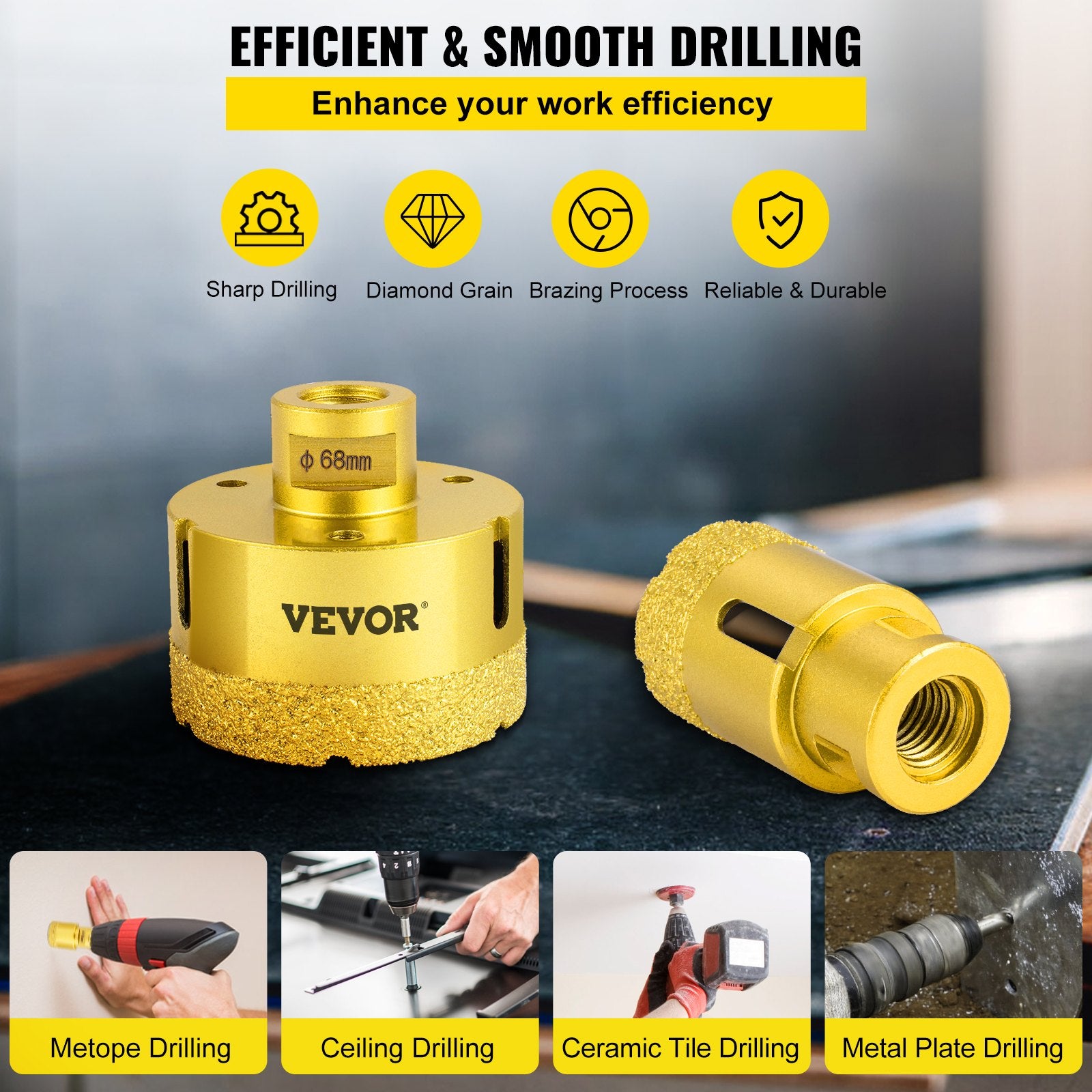 Diamond Drill Bits 4PCS Diamond Hole Saw 25/35/50/68mm Tile Hole Saw Kit Vacuum Brazed Diamond Drill Bit V952-JT420355068MMJN3HV0