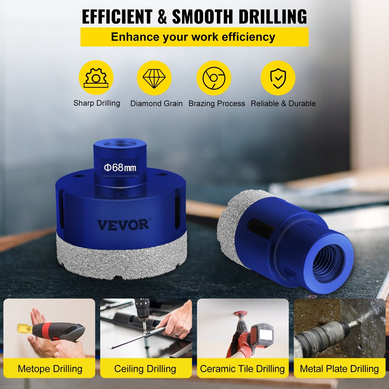 Diamond Drill Bits 4PCS Diamond Hole Saw 35/40/50/68mm Tile Hole Saw Kit Vacuum Brazed Diamond Drill Bit V952-JT435405068MM71UZV0