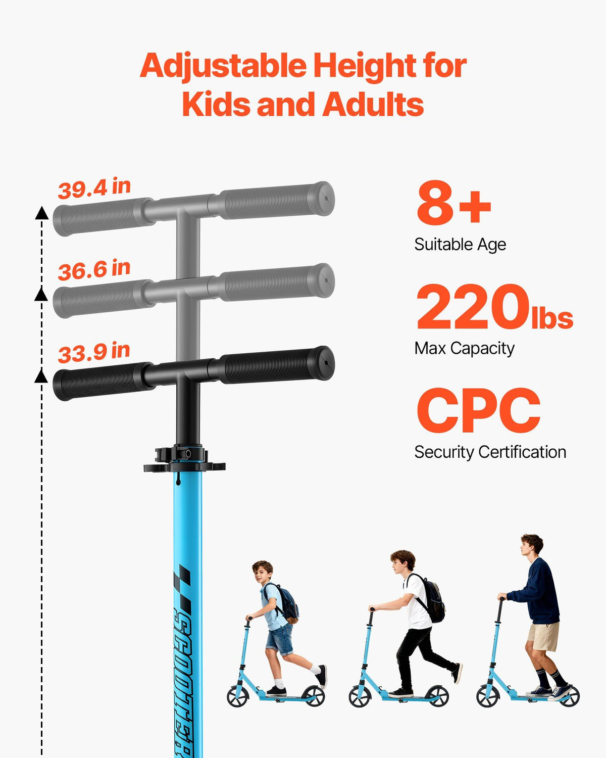 Kick Scooter for Kids Ages 8+, Teens & Adults, 2-Wheel Toddler Scooter with Adjustable Height Handlebar, Wide V952-JTHBC2L8INCHDQ0I0001V0