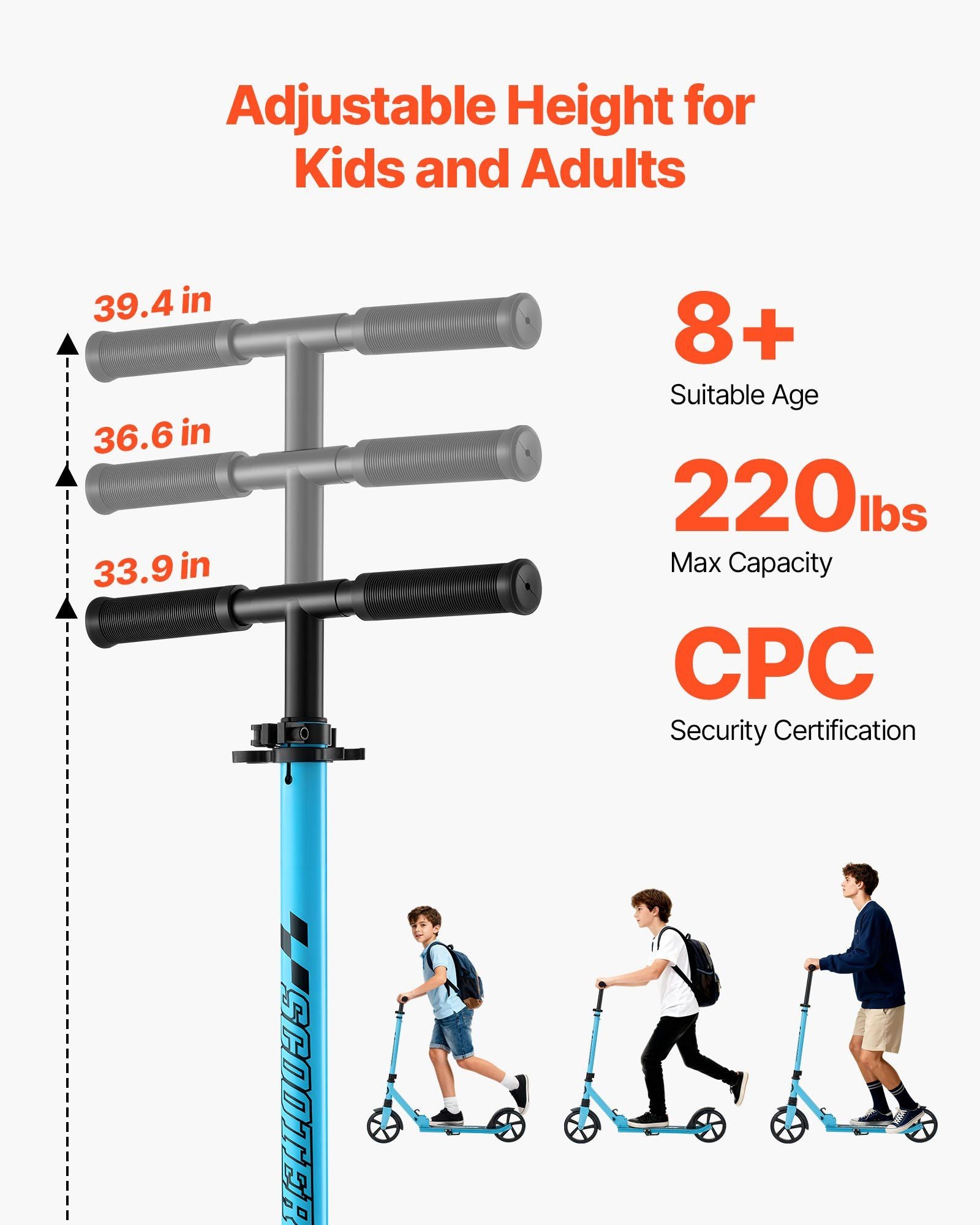 Kick Scooter for Kids Ages 8+, Teens & Adults, 2-Wheel Toddler Scooter with Adjustable Height Handlebar, Wide V952-JTHBC2L8INCHDQ0I0001V0