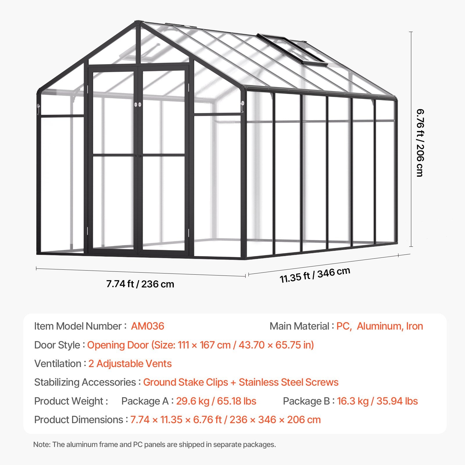 Polycarbonate Greenhouse 8 x 12 Ft Outdoor Walk-in Greenhouse for Garden V952-JTSZWSL8W12F5VOMTV0