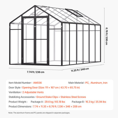 Polycarbonate Greenhouse 8 x 12 Ft Outdoor Walk-in Greenhouse for Garden V952-JTSZWSL8W12F5VOMTV0