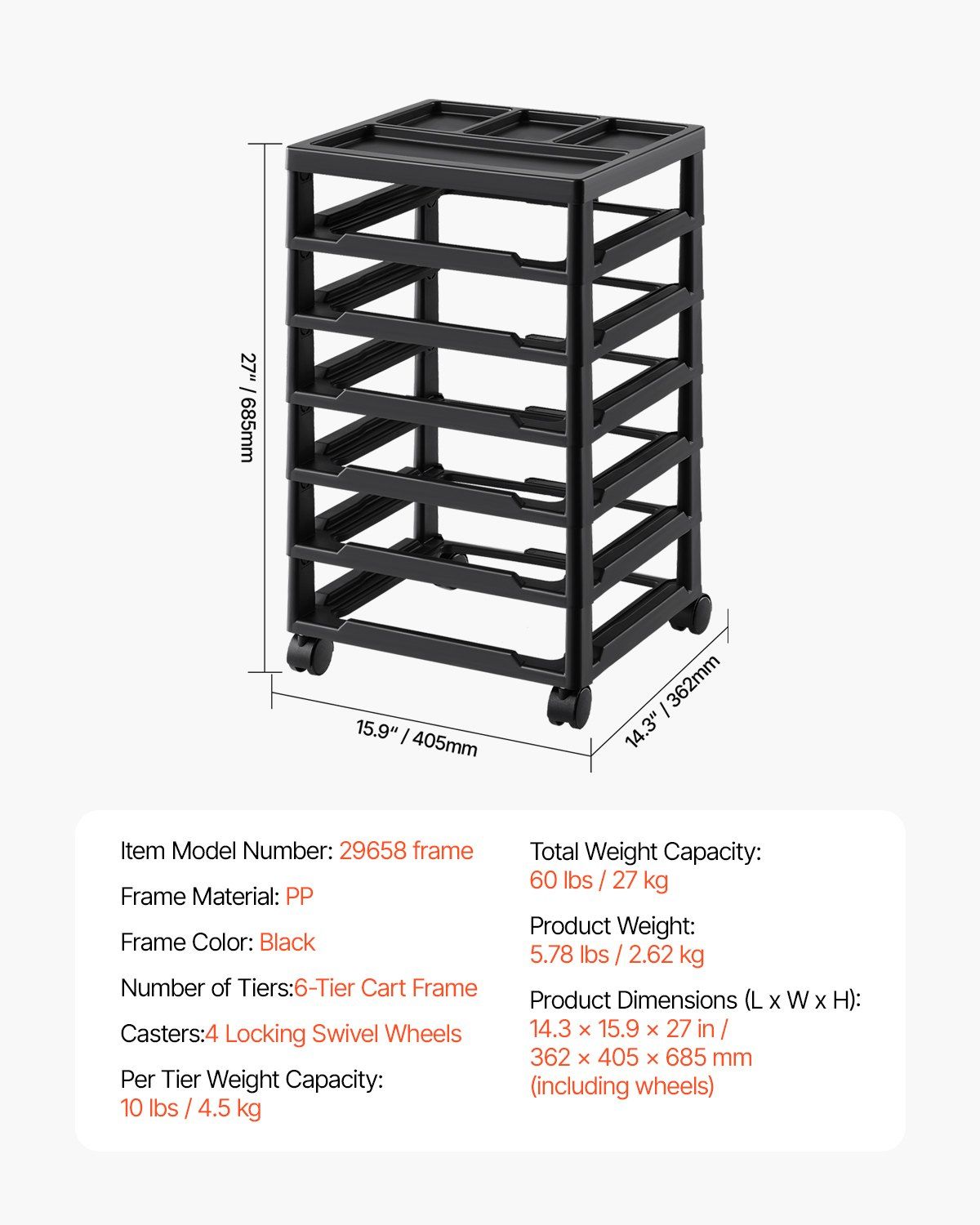 Scrapbook Rolling Storage Cart, 6-Tier Large Capacity with Organizer Top, Black Frame with 4 Removable V952-JTZCCHTZ6CJT39QSVV0
