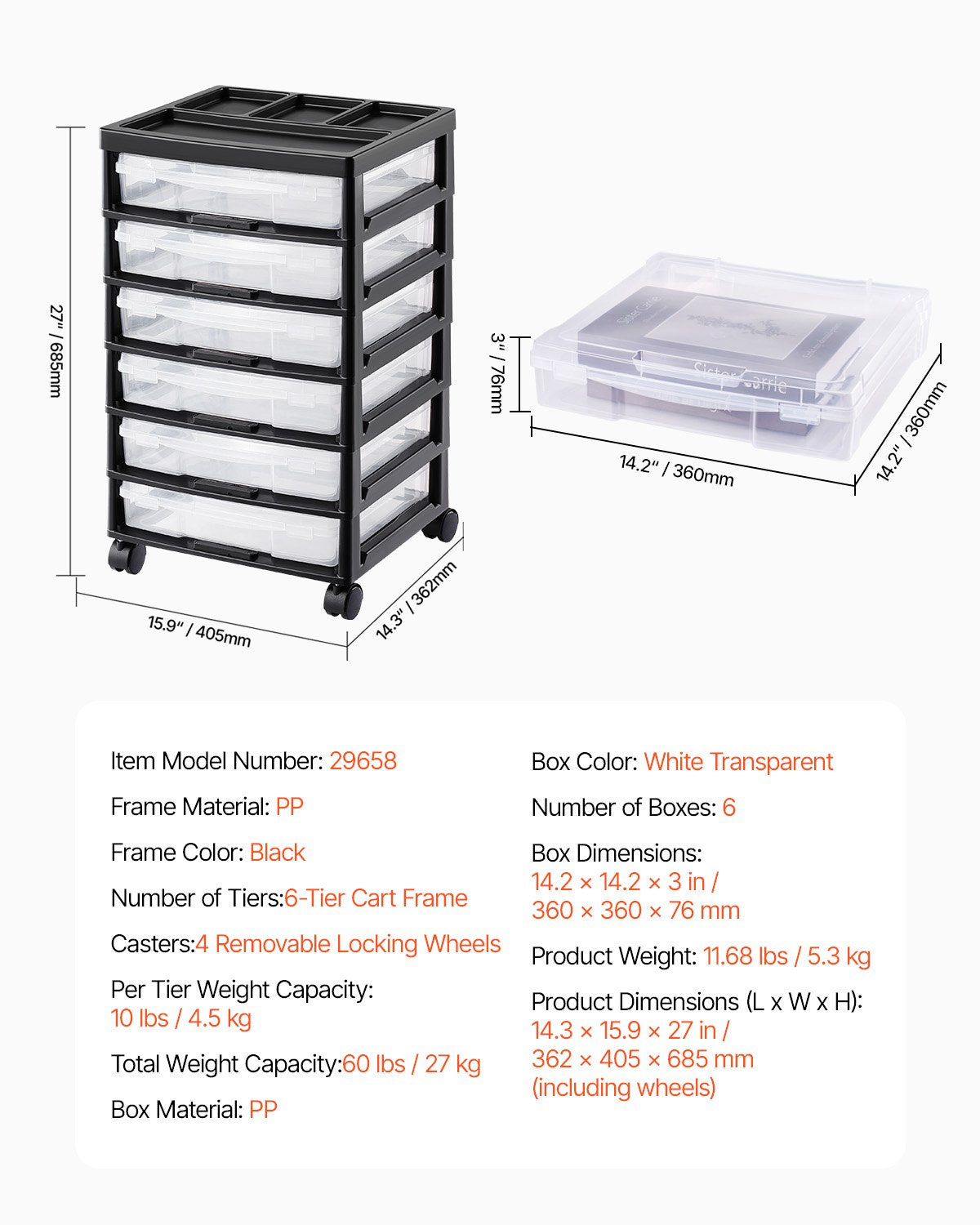 Scrapbook Rolling Storage Cart 6-Tier Large Capacity with 6 Clear Cases Black V952-JTZCCHTZ6CJT66C1SV0
