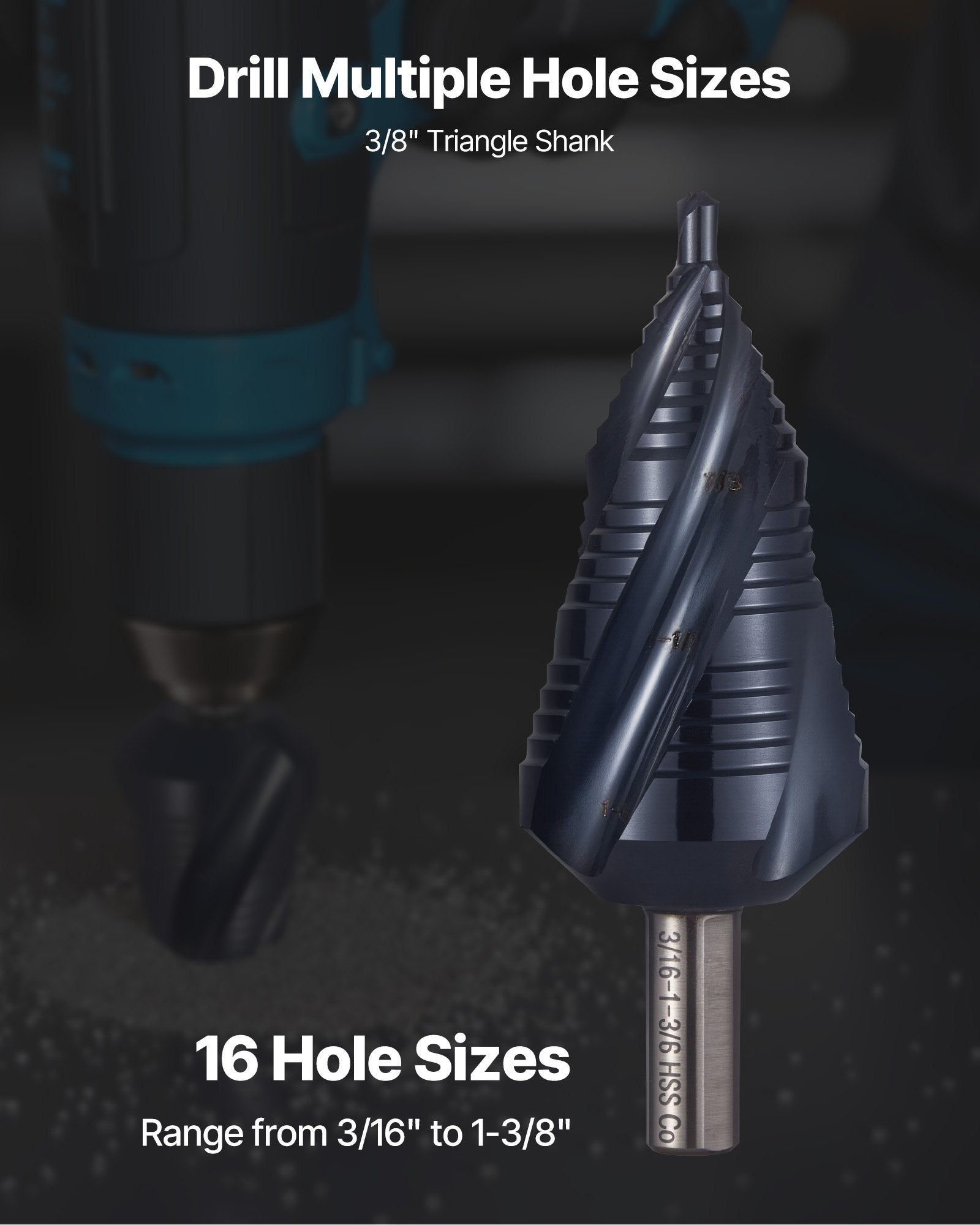 Step Drill Bit, 4.76 to 34.93 mm, 9.53 mm Triangular Shank, TiAlN Coating Cobalt High Speed Steel, Four V952-JTZT138INCHLOYO1B001V0