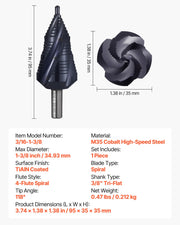 Step Drill Bit, 4.76 to 34.93 mm, 9.53 mm Triangular Shank, TiAlN Coating Cobalt High Speed Steel, Four V952-JTZT138INCHLOYO1B001V0