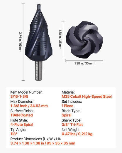 Step Drill Bit, 4.76 to 34.93 mm, 9.53 mm Triangular Shank, TiAlN Coating Cobalt High Speed Steel, Four V952-JTZT138INCHLOYO1B001V0