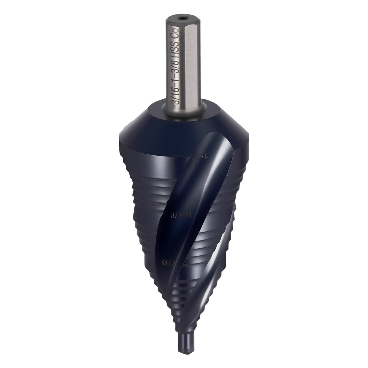 Step Drill Bit, 4.76 to 34.93 mm, 9.53 mm Triangular Shank, TiAlN Coating Cobalt High Speed Steel, Four V952-JTZT138INCHLOYO1B001V0