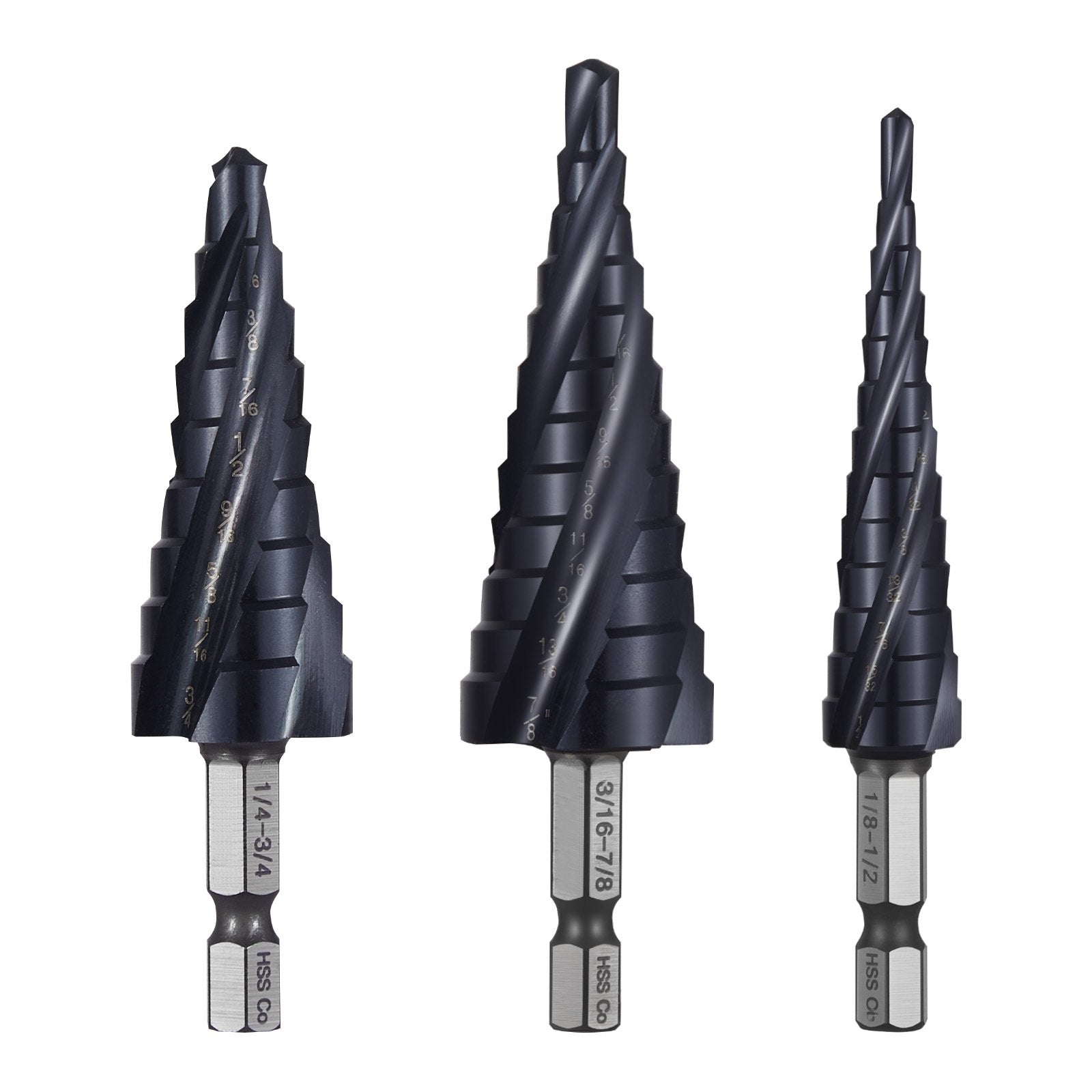 Step Drill Bit Set, 3.2 - 22.2 mm, 3 Pieces Step Drill Bits, 6.35 mm Hex Shank, TiAlN Coating Cobalt HSS High V952-JTZTLXSM35GGQOKP2001V0