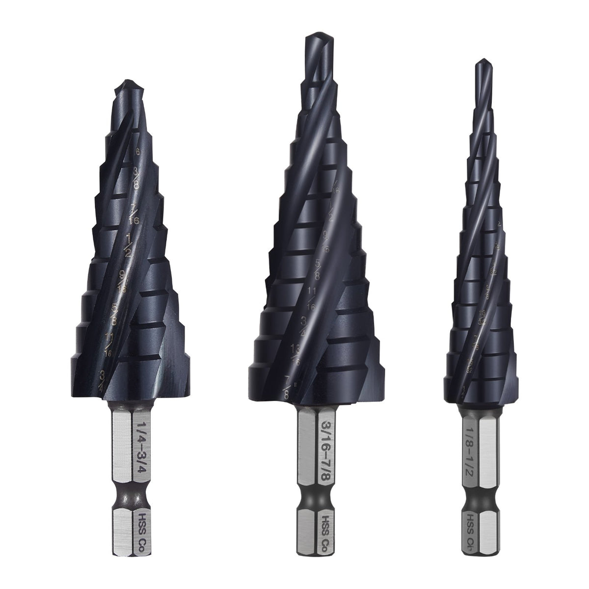 Step Drill Bit Set, 3.2 - 22.2 mm, 3 Pieces Step Drill Bits, 6.35 mm Hex Shank, TiAlN Coating Cobalt HSS High V952-JTZTLXSM35GGQOKP2001V0