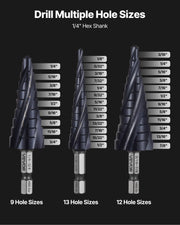 Step Drill Bit Set, 3.2 - 22.2 mm, 3 Pieces Step Drill Bits, 6.35 mm Hex Shank, TiAlN Coating Cobalt HSS High V952-JTZTLXSM35GGQOKP2001V0