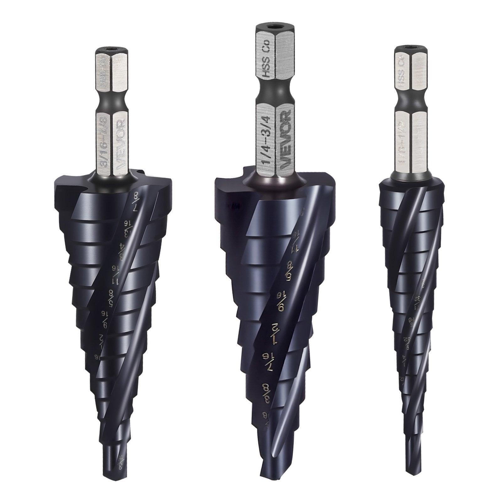 Step Drill Bit Set, 3.2 - 22.2 mm, 3 Pieces Step Drill Bits, 6.35 mm Hex Shank, TiAlN Coating Cobalt HSS High V952-JTZTLXSM35GGQOKP2001V0
