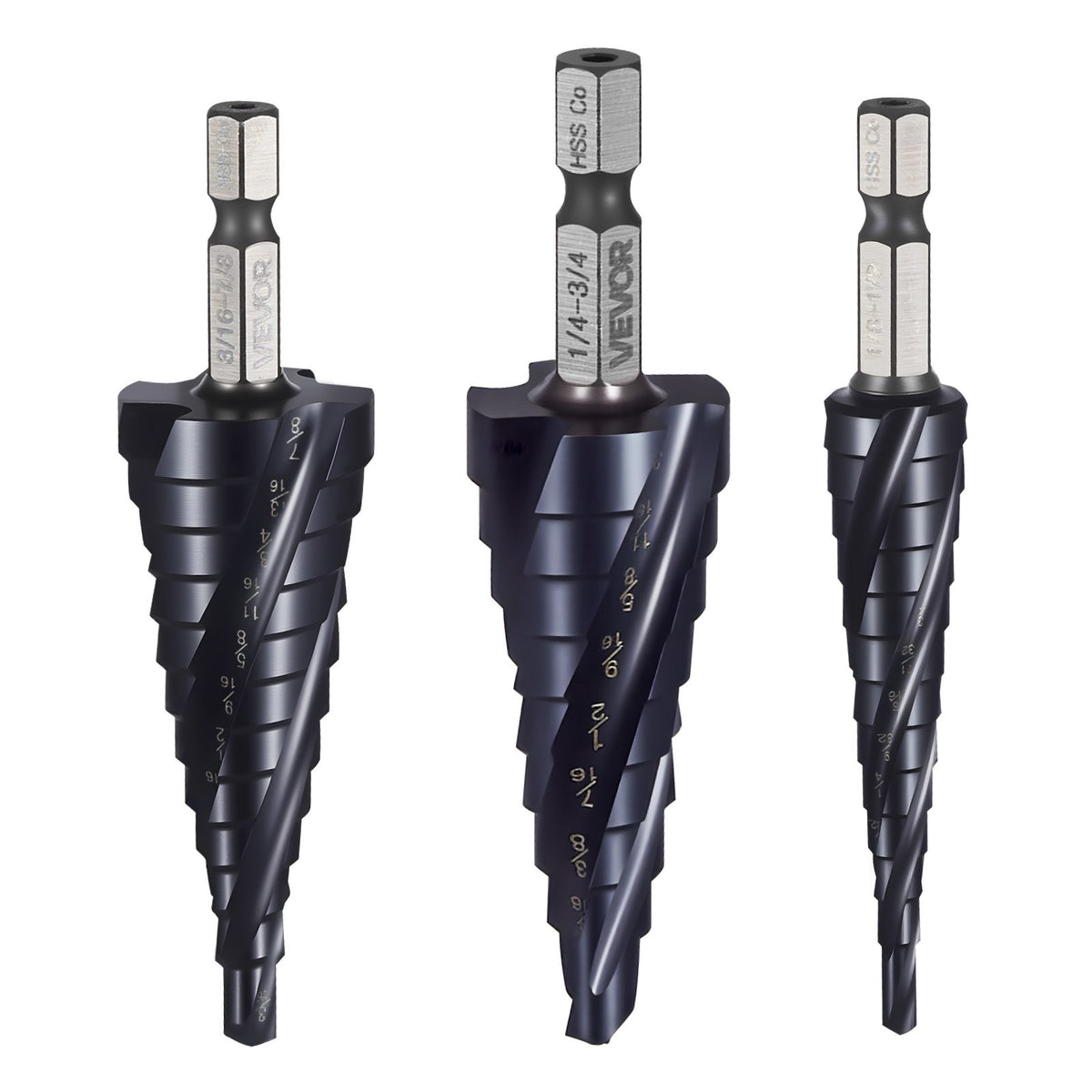 Step Drill Bit Set, 3.2 - 22.2 mm, 3 Pieces Step Drill Bits, 6.35 mm Hex Shank, TiAlN Coating Cobalt HSS High V952-JTZTLXSM35GGQOKP2001V0