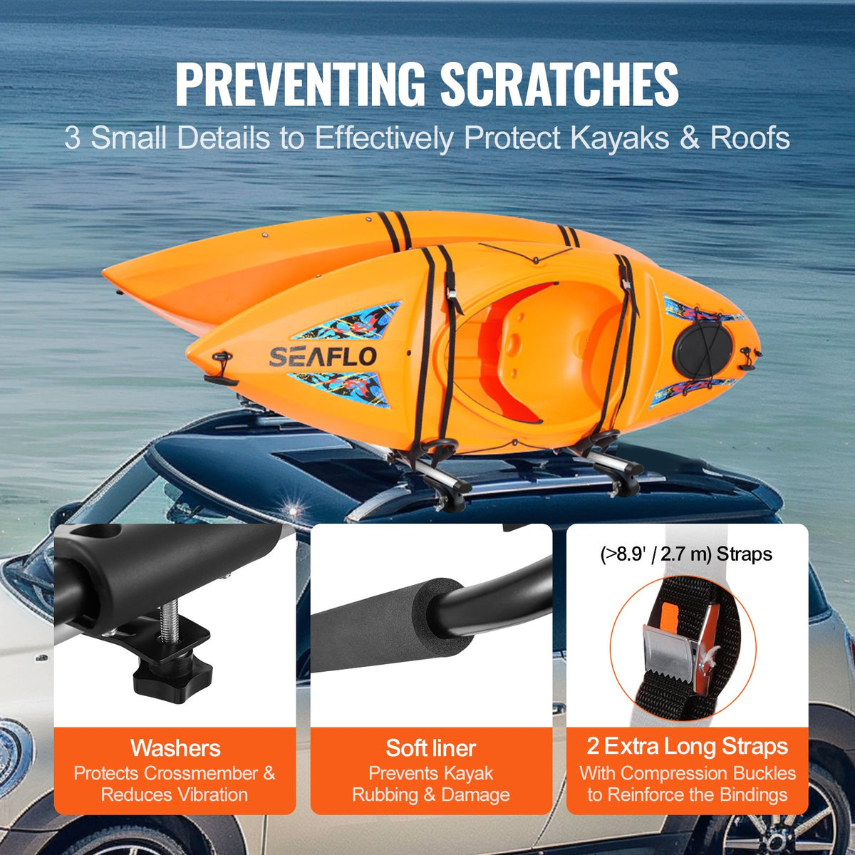 Kayak Roof Rack 2 Pairs J-Bar, Soft Roof Rack, Top Mount Tie Down, Carrier for kayak, Surf Board, Canoe, SUP, V952-JXBKZDKHJG4J6TEJQV0